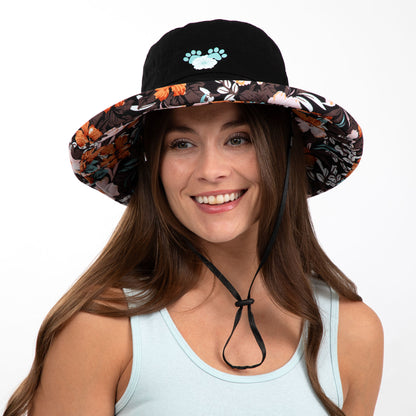 Reversible Paw & Tropical Wide Brim Sun Hat with Adjustable Chin Strap