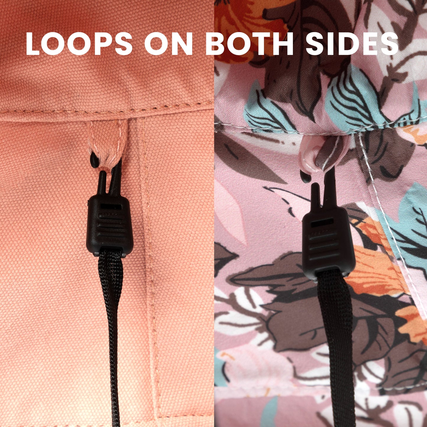 Close-up of a strap with loops on both sides on a floral-patterned fabric background.