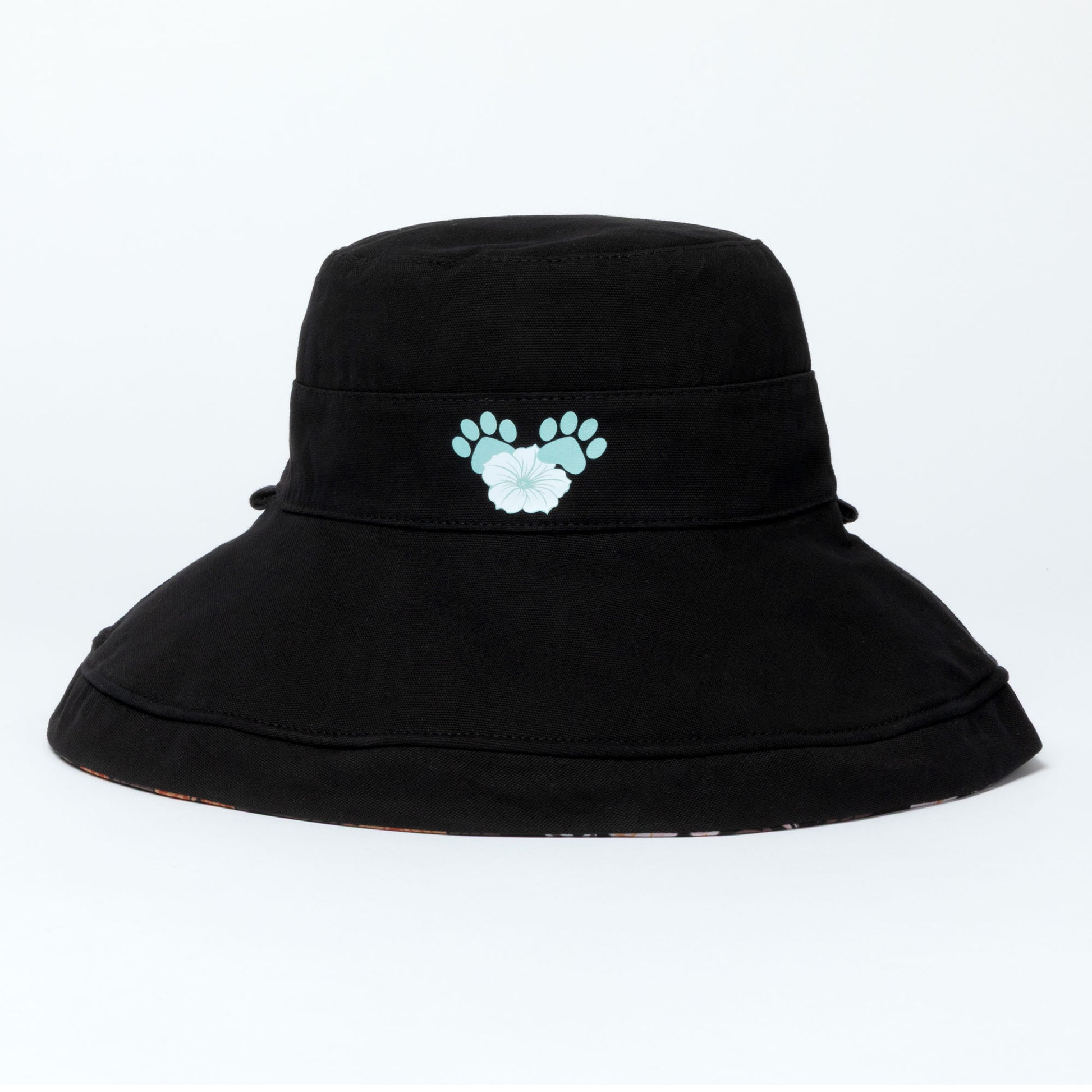 Black wide brim sun hat with a light blue paw print design on a white background