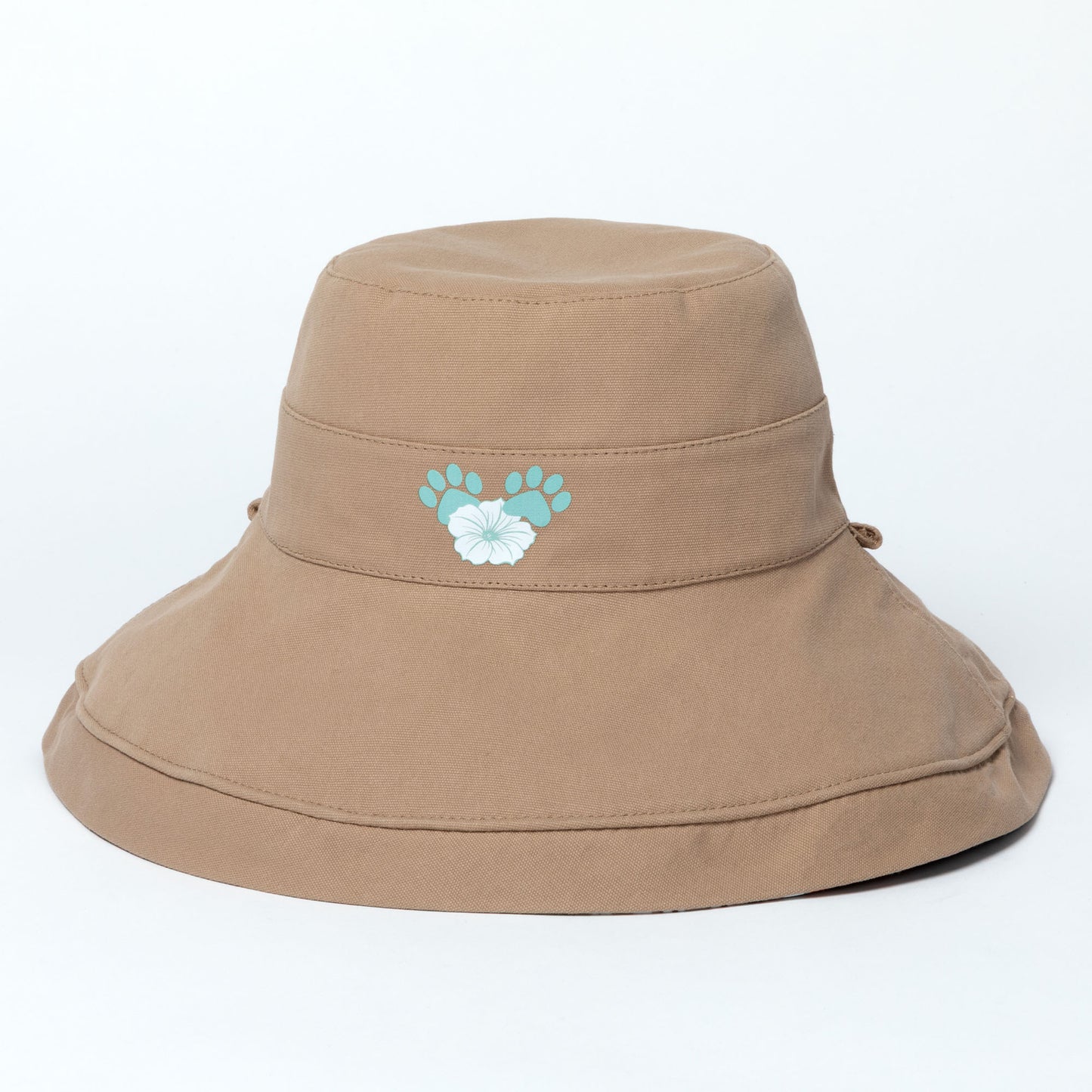 Beige wide brim sun hat with floral design on a white background