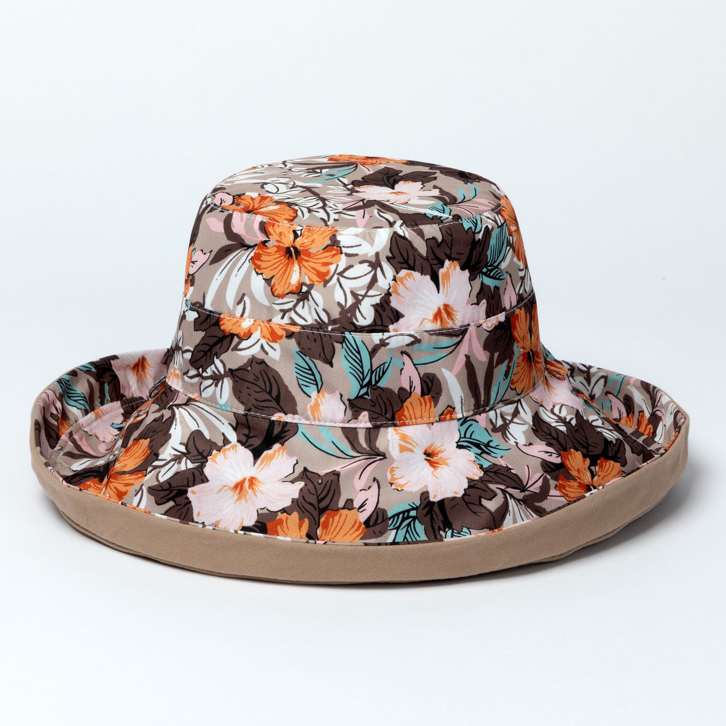 Floral patterned bucket hat on a light gray background