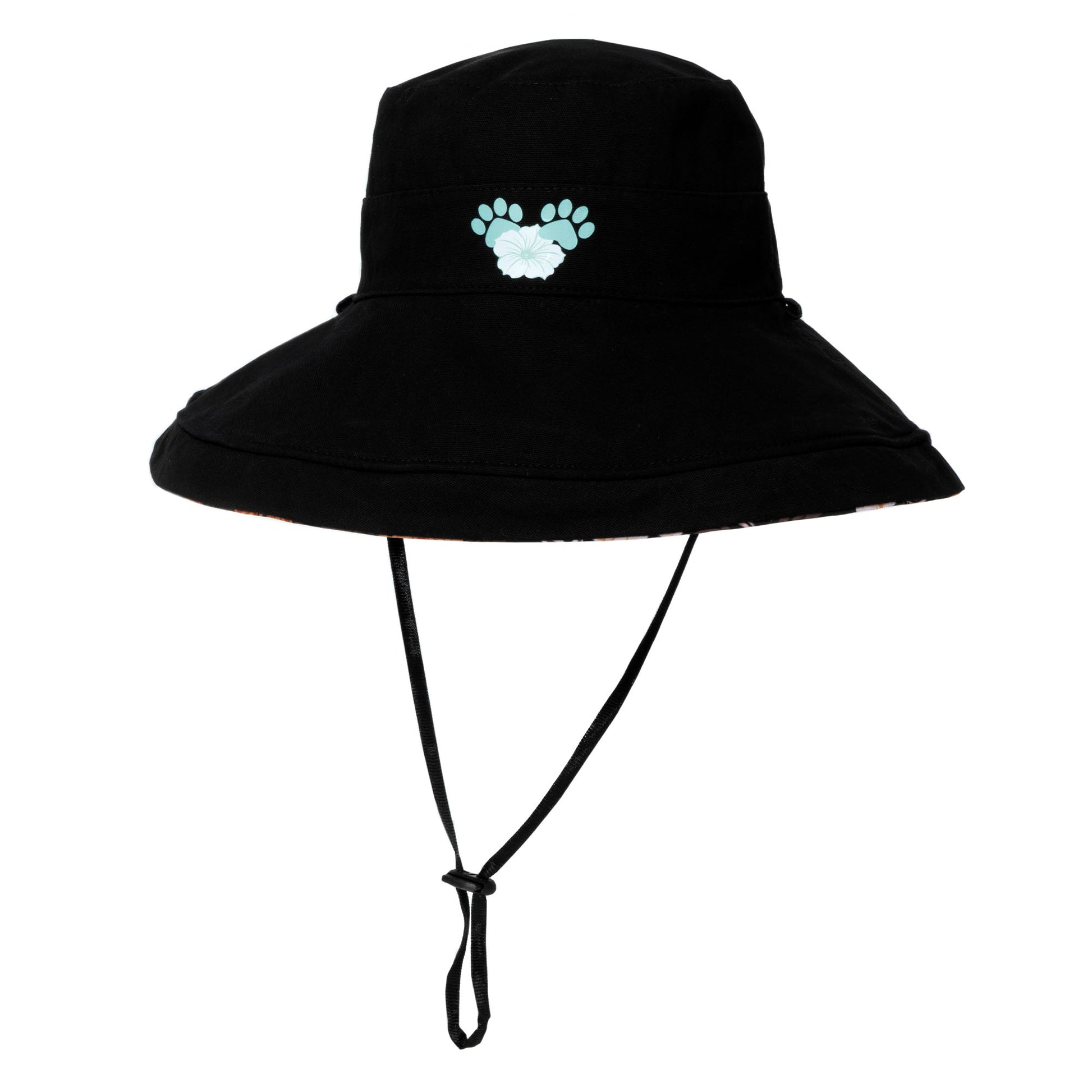 Black bucket hat with a light blue paw print logo on a white background