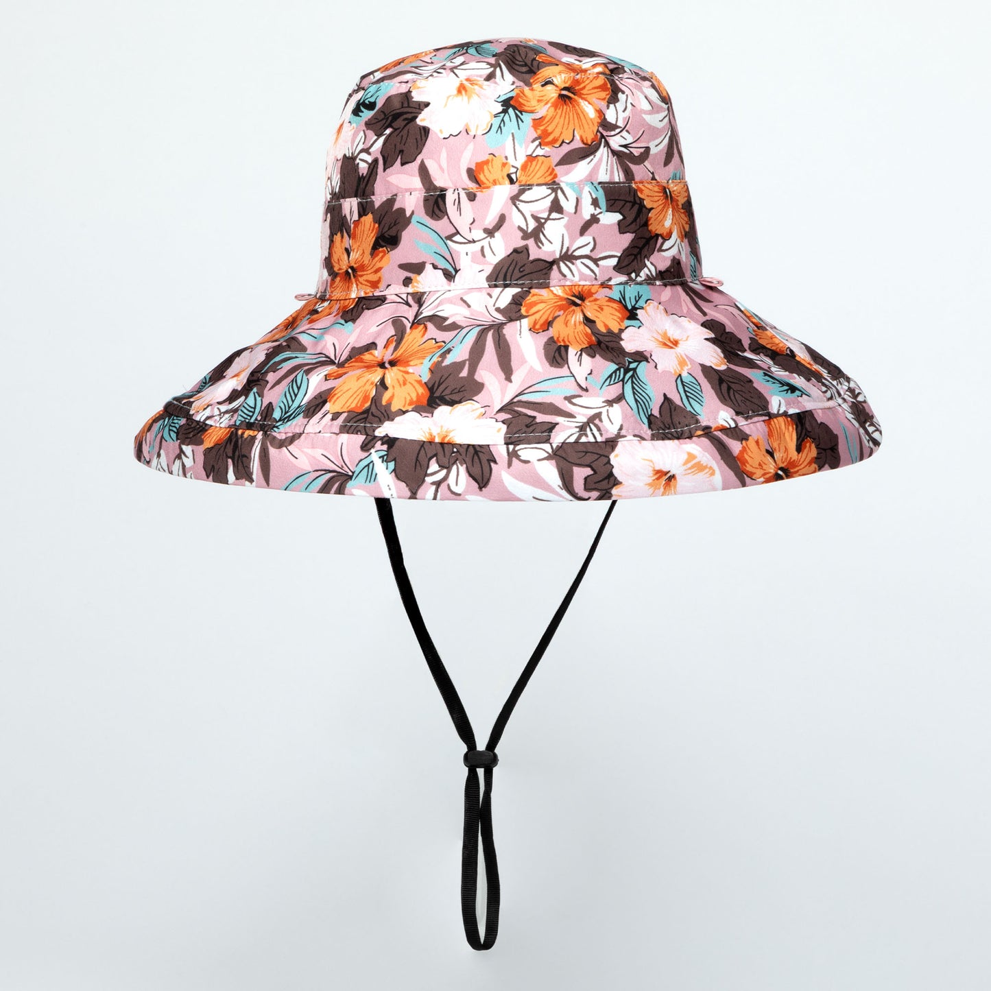 Floral patterned wide brim sun hat on a light gray background
