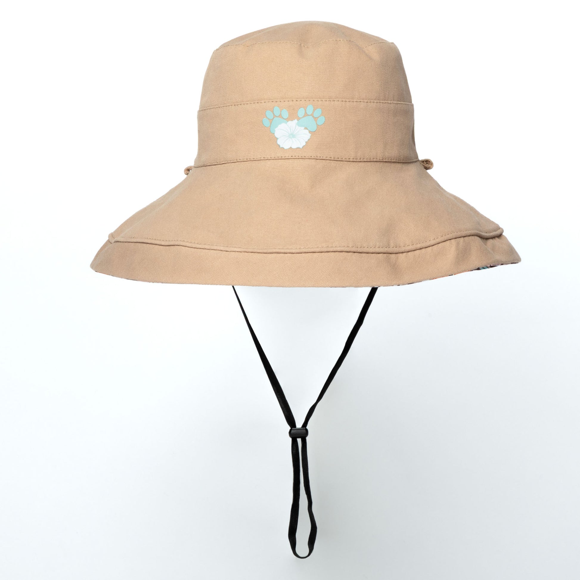 Beige wide brim sun hat with a black strap on a white background