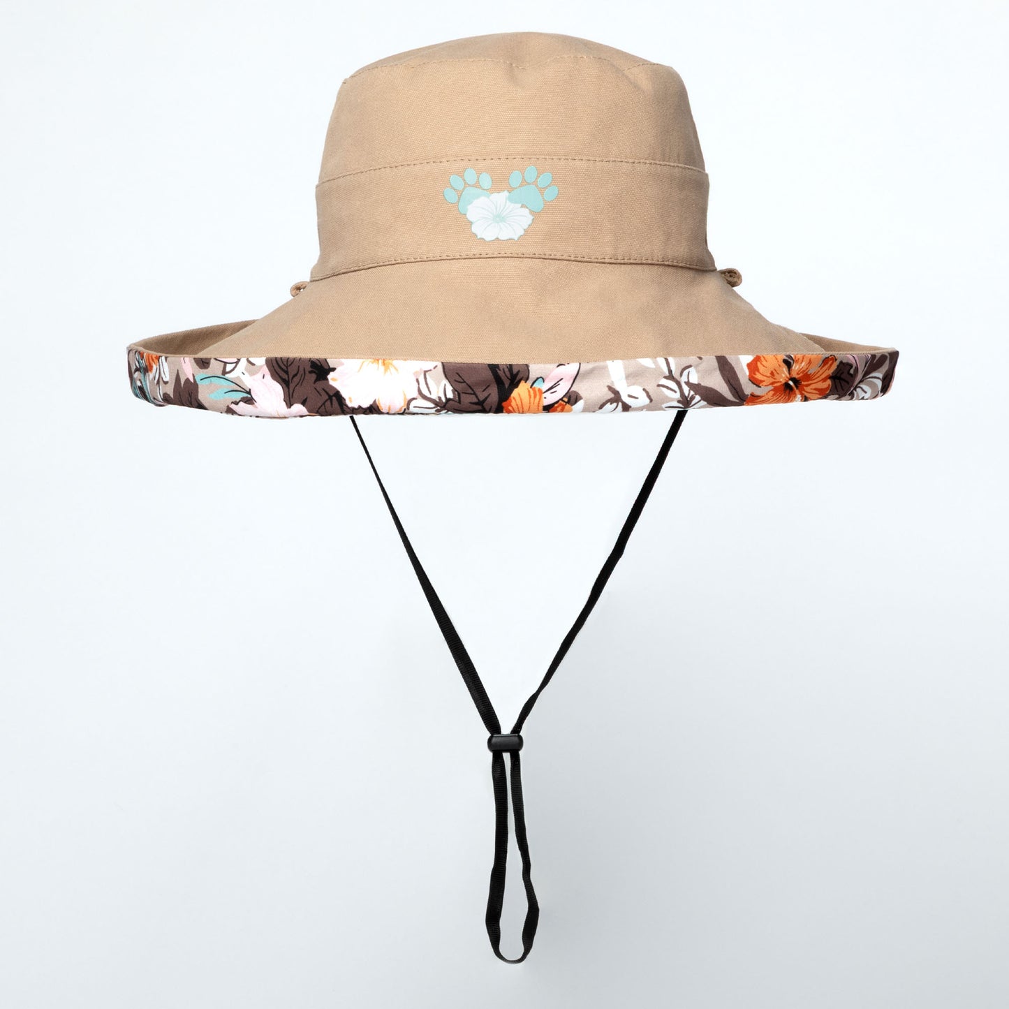 Beige wide brim sun hat with floral brim and paw print logo on a white background