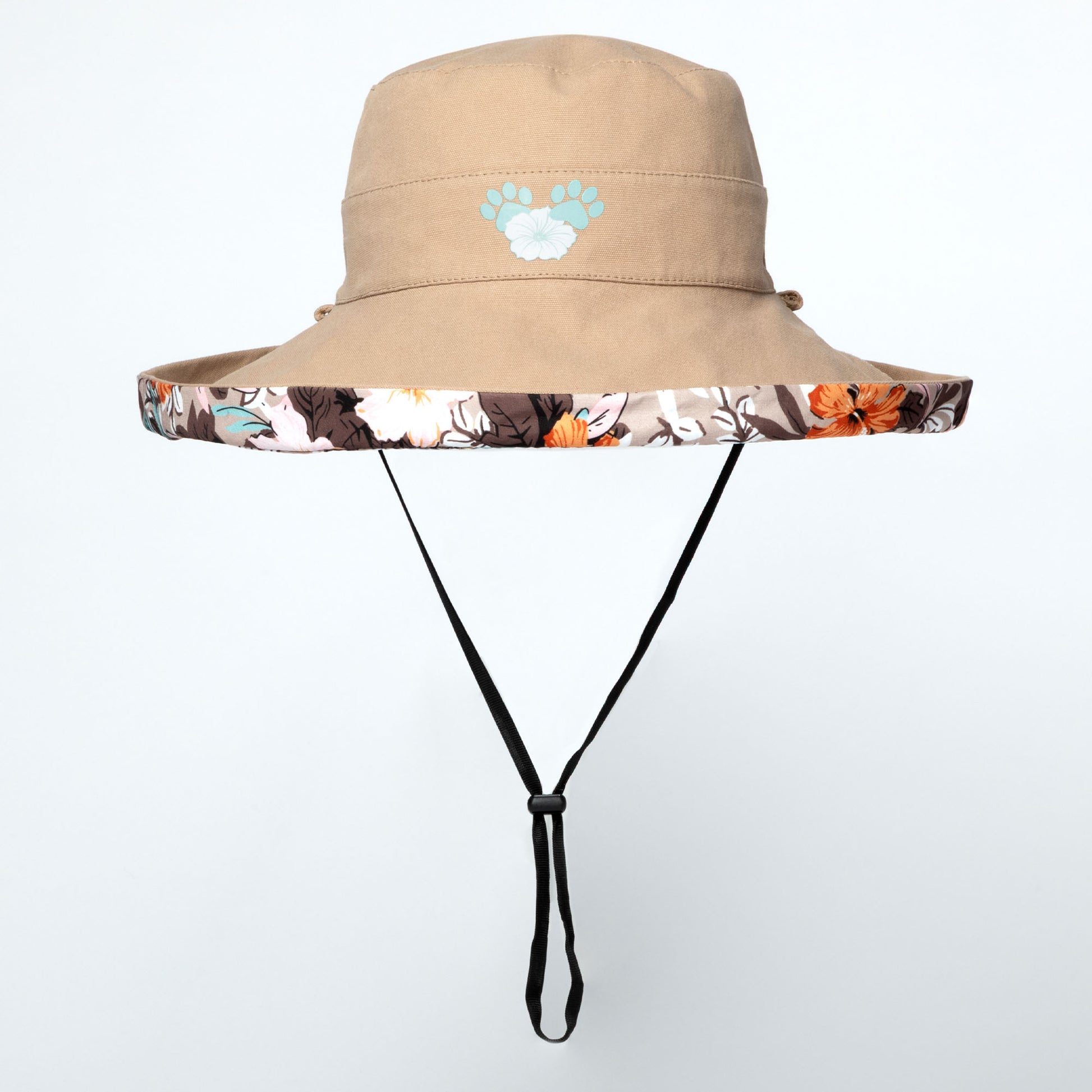 Beige wide brim sun hat with floral brim and paw print logo on a white background