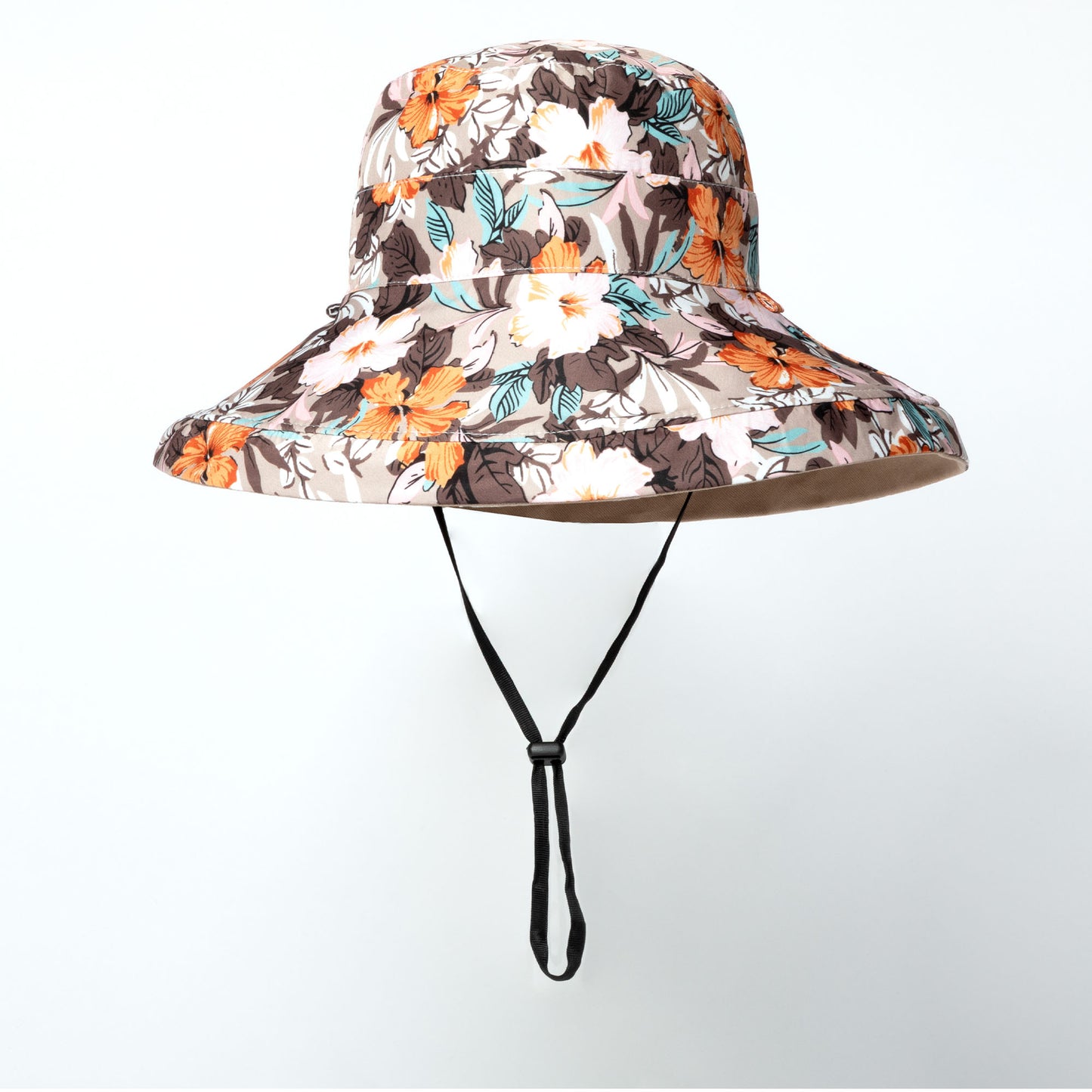 Floral patterned wide brim sun hat with a strap on a light gray background