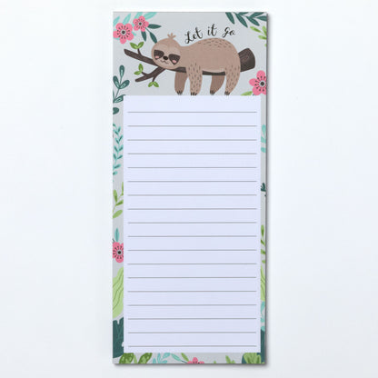 Notepad with a sloth design and the phrase "Let it go" and floral elements on a white background.