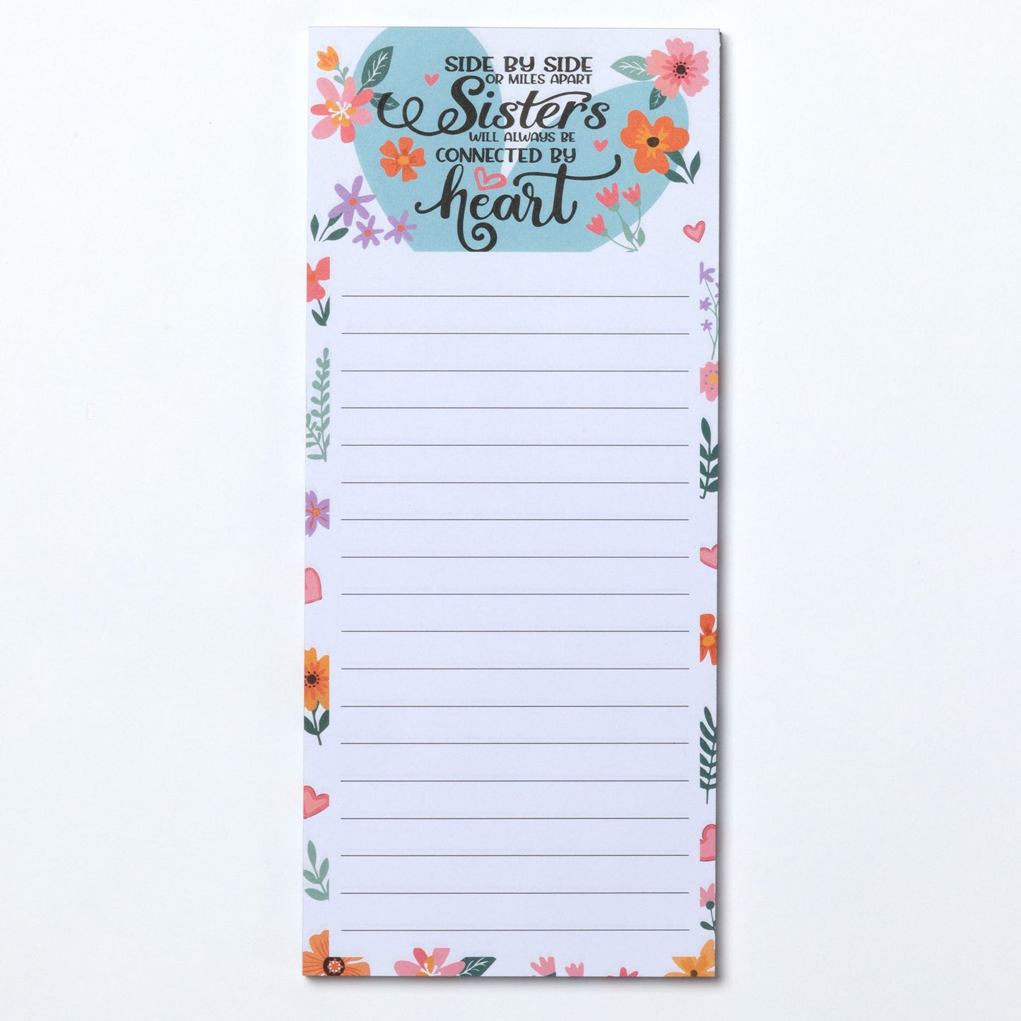 Floral-themed notepad with motivational quote about sisterhood on a white background.