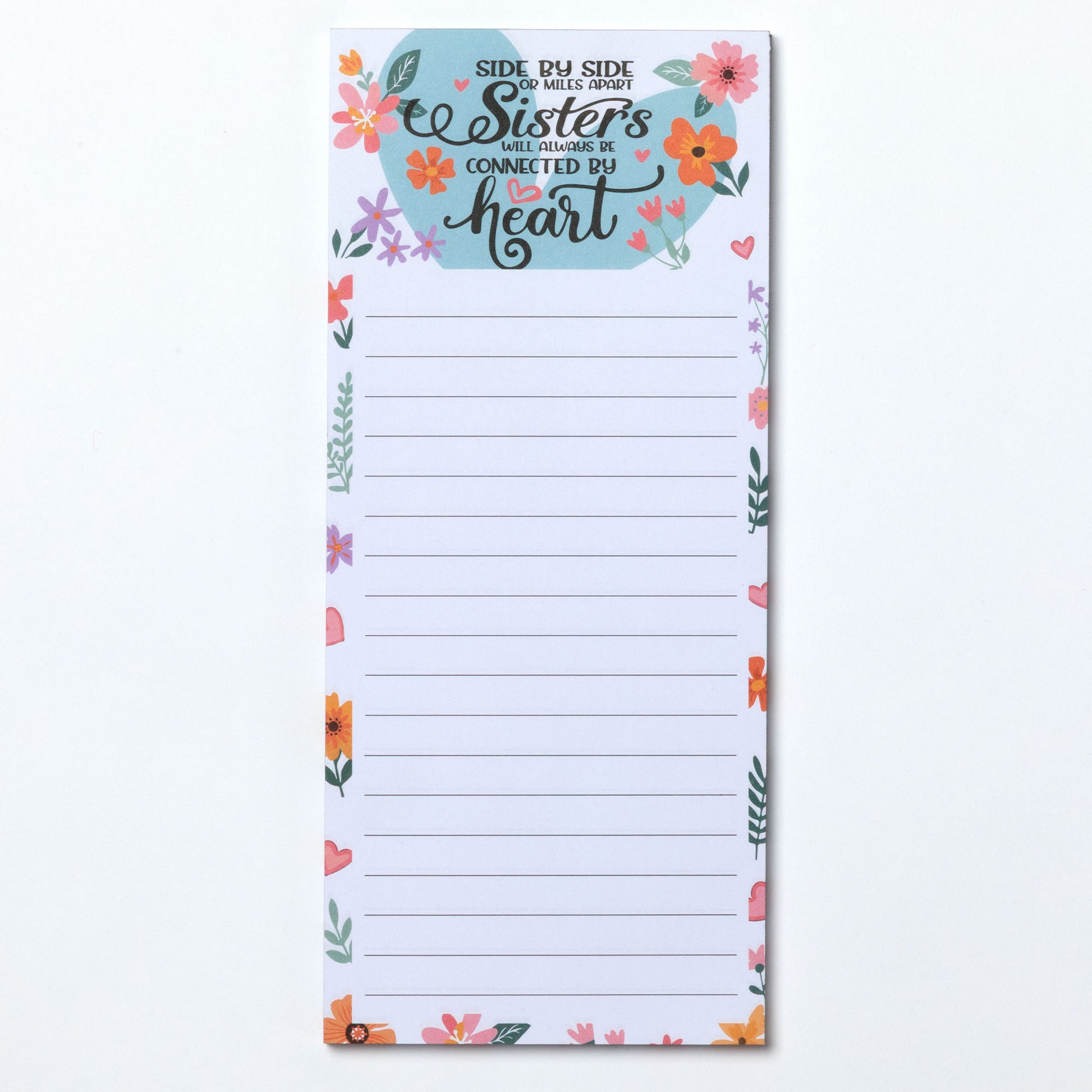 Floral-themed notepad with motivational quote about sisterhood on a white background.