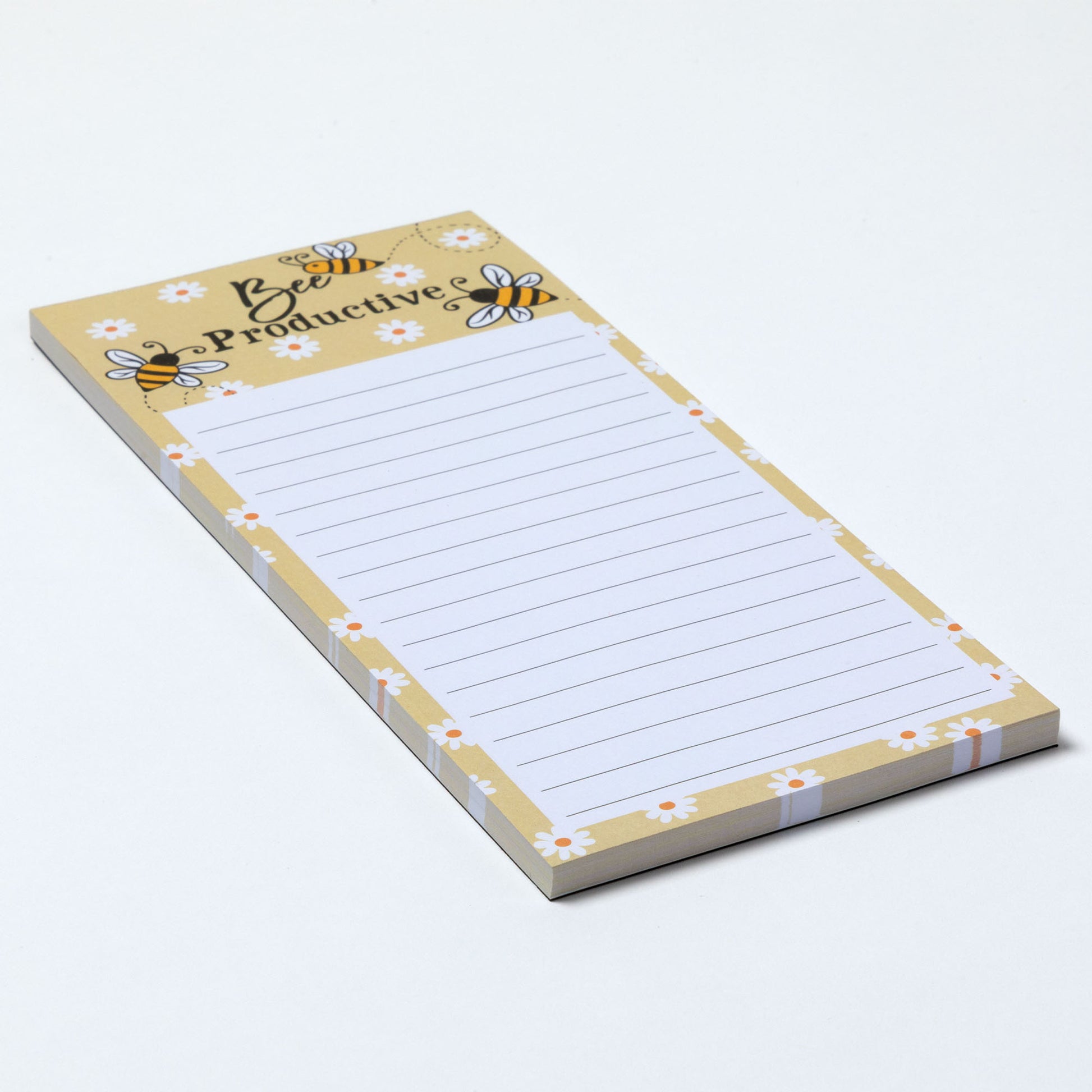 Light yellow notepad with bee design and the phrase "Bee productive" on a white background.