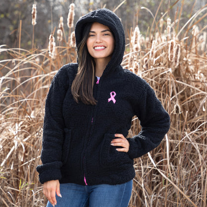 Pink Ribbon Plush Sherpa Fleece Zip Up Hooded Jacket