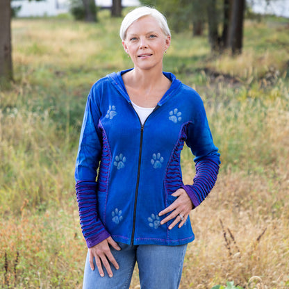 Blue & Purple Stonewashed Paw Print Hooded Jacket | Fair Trade