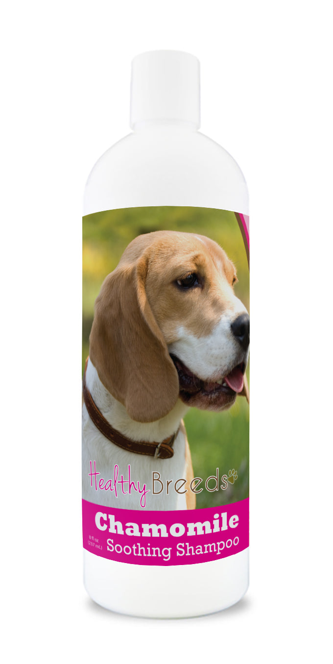 An 8 oz bottle of Chamomile Soothing Dog shampoo with a dog on the label.