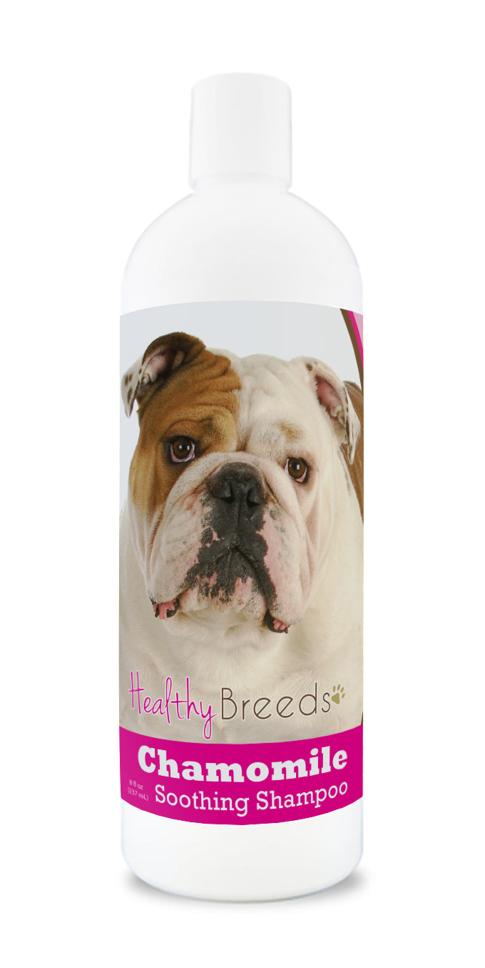 An 8 oz bottle of Chamomile Soothing Dog shampoo with a dog on the label.