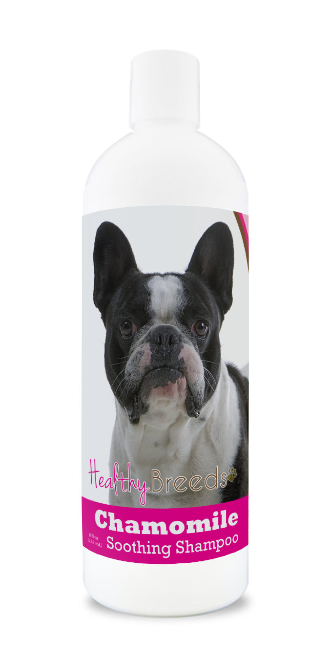 An 8 oz bottle of Chamomile Soothing Dog shampoo with a dog on the label.