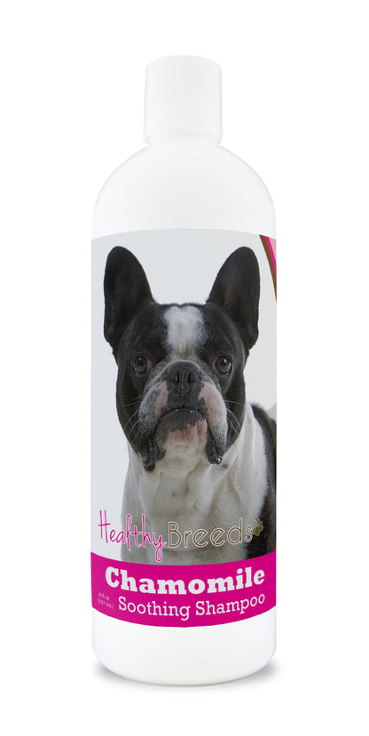 An 8 oz bottle of Chamomile Soothing Dog shampoo with a dog on the label.
