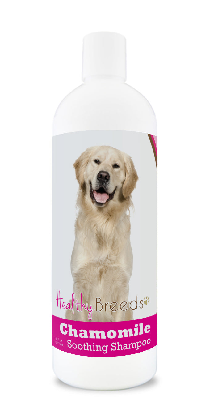 An 8 oz bottle of Chamomile Soothing Dog shampoo with a golden retriever on the label.