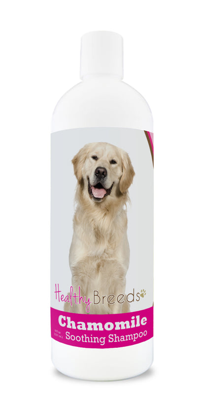 An 8 oz bottle of Chamomile Soothing Dog shampoo with a golden retriever on the label.