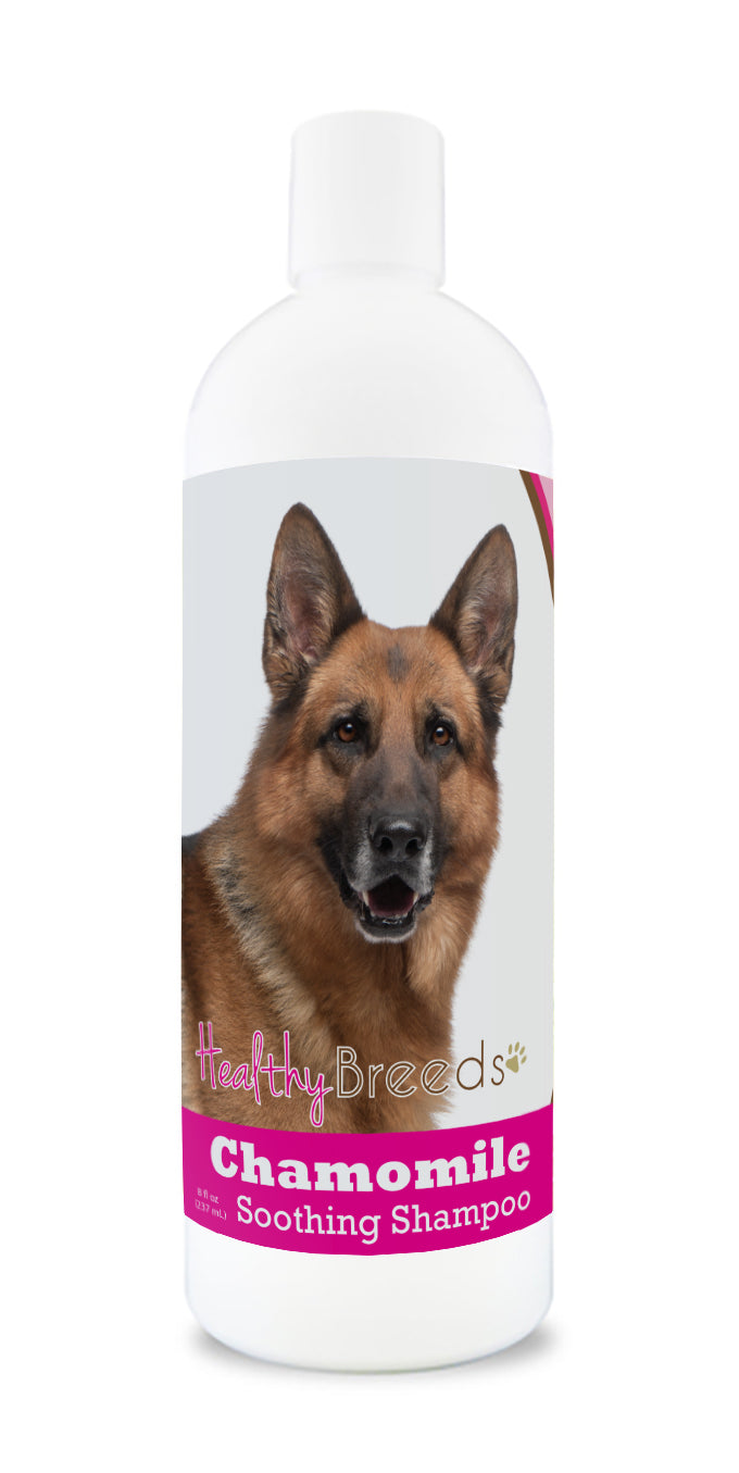 An 8 oz bottle of Chamomile Soothing Dog shampoo with a german shepherd on the label.