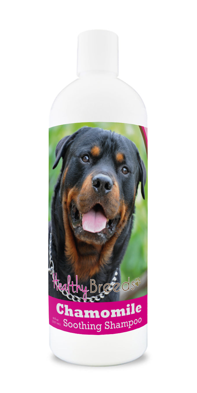 An 8 oz bottle of Chamomile Soothing Dog shampoo with a dog on the label.