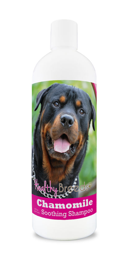 An 8 oz bottle of Chamomile Soothing Dog shampoo with a dog on the label.