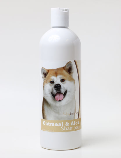 Oatmeal and aloe dog shampoo bottle with an Akita dog image on the label.