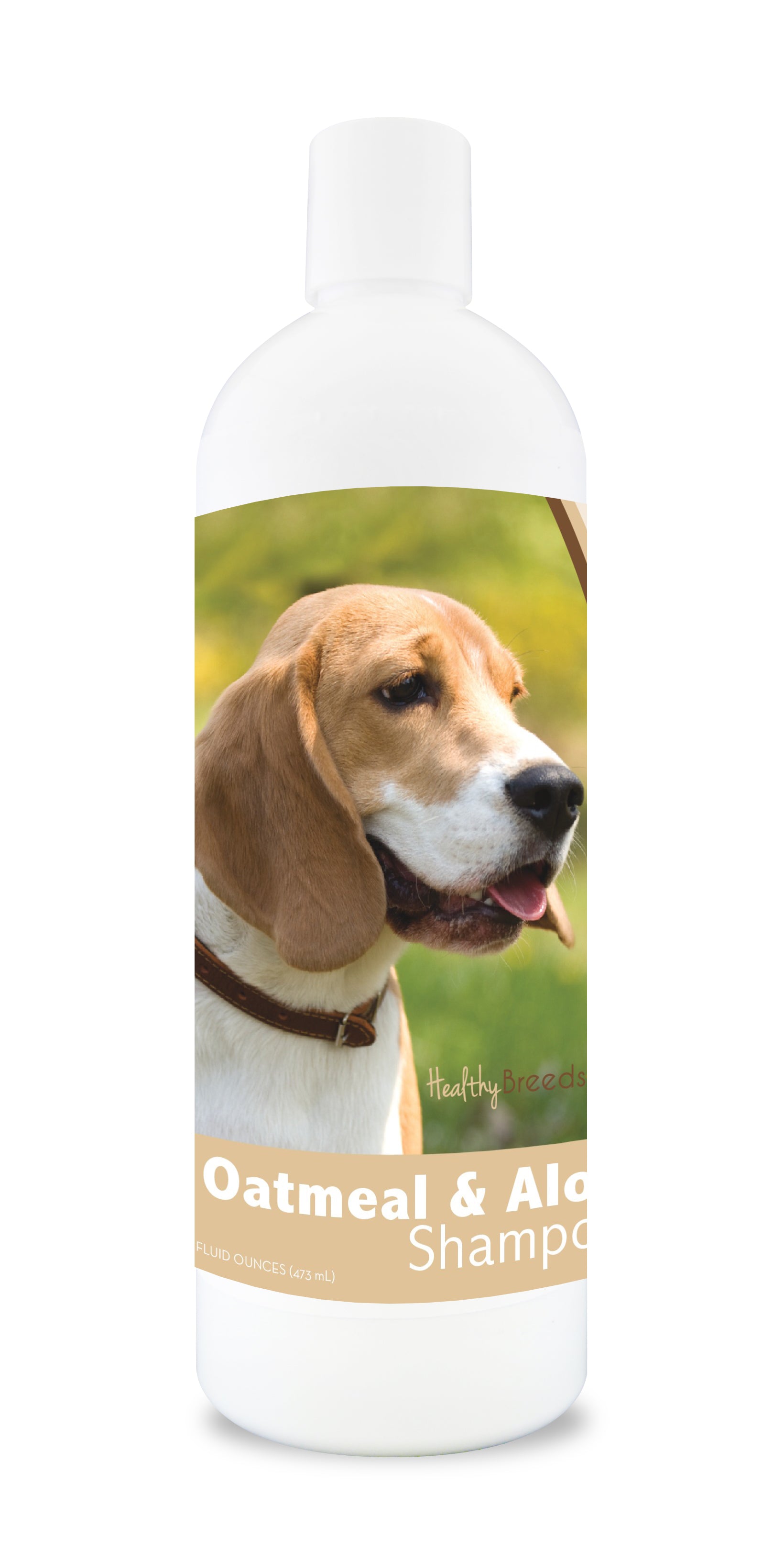 Oatmeal and aloe dog shampoo bottle with a beagle dog image on the label.