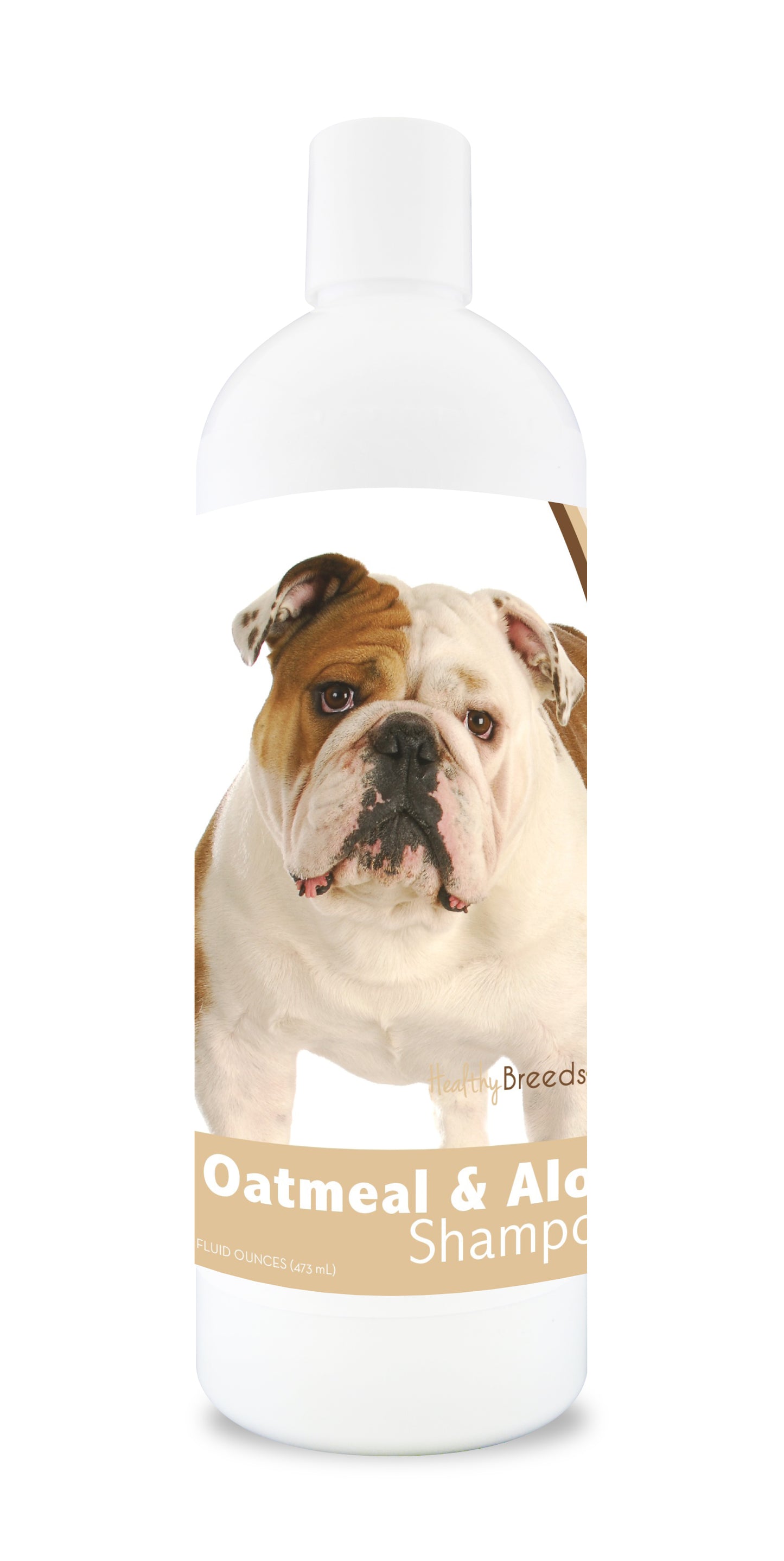 Oatmeal and aloe dog shampoo bottle with a bulldog image on the label.