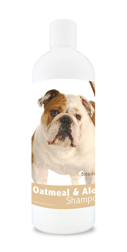 Oatmeal and aloe dog shampoo bottle with a bulldog image on the label.