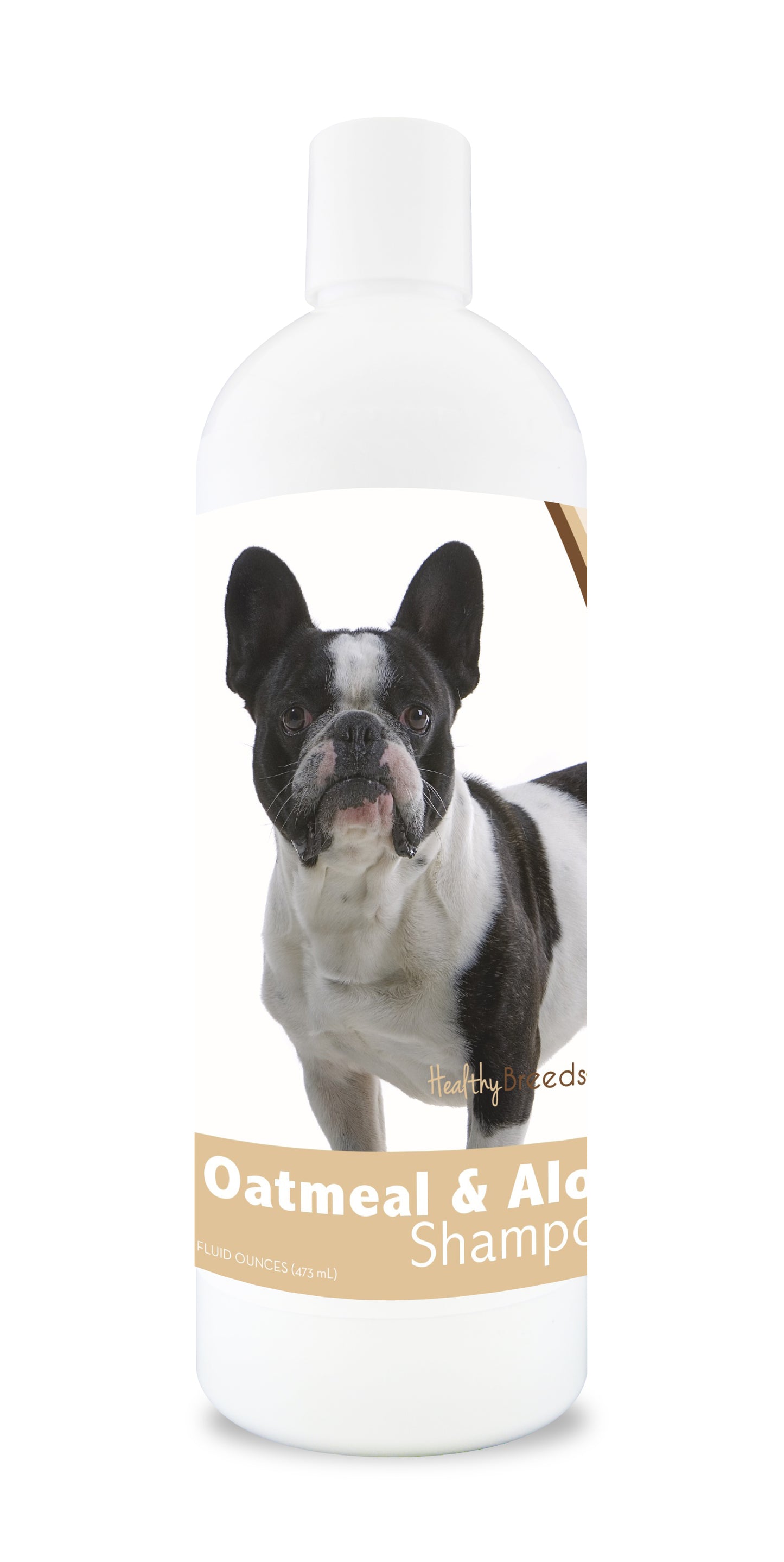 Oatmeal and aloe dog shampoo bottle with a dog image on the label.