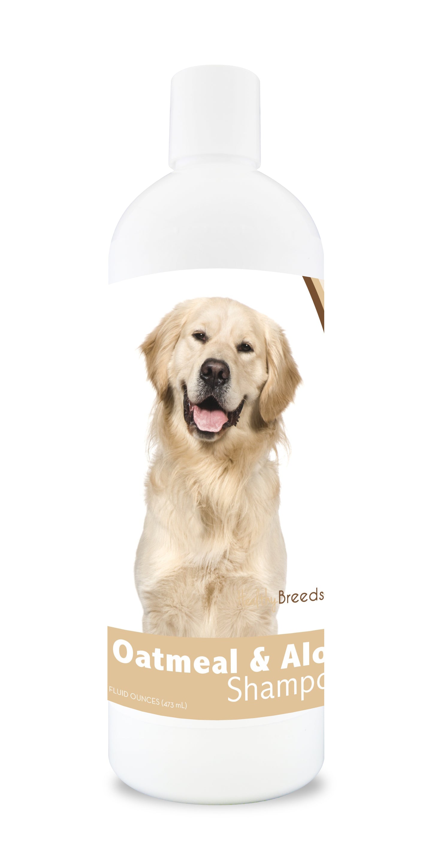 Oatmeal and aloe dog shampoo bottle with a golden retriever dog image on the label.