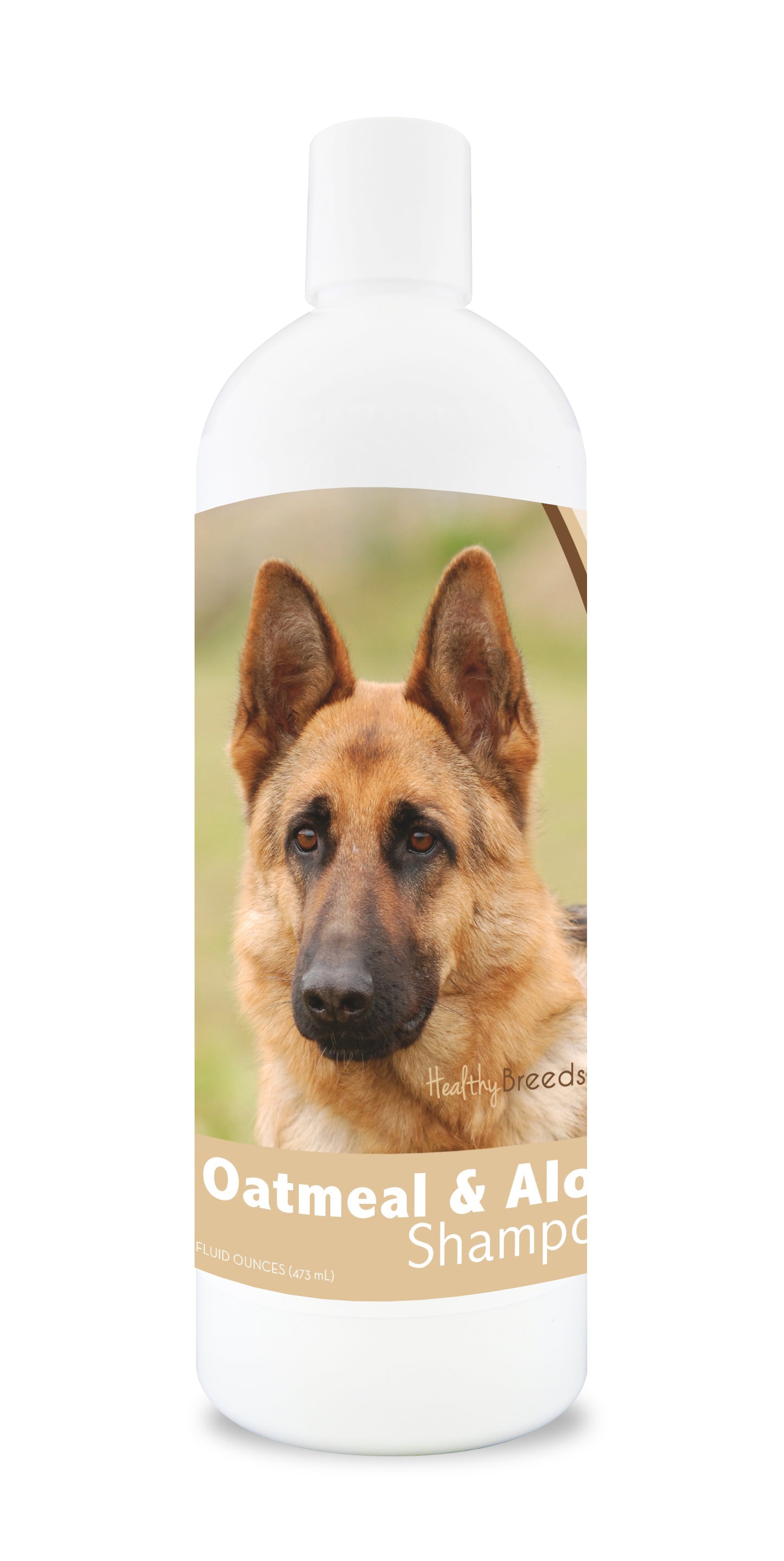 Oatmeal and aloe dog shampoo bottle with a german shepherd dog image on the label.