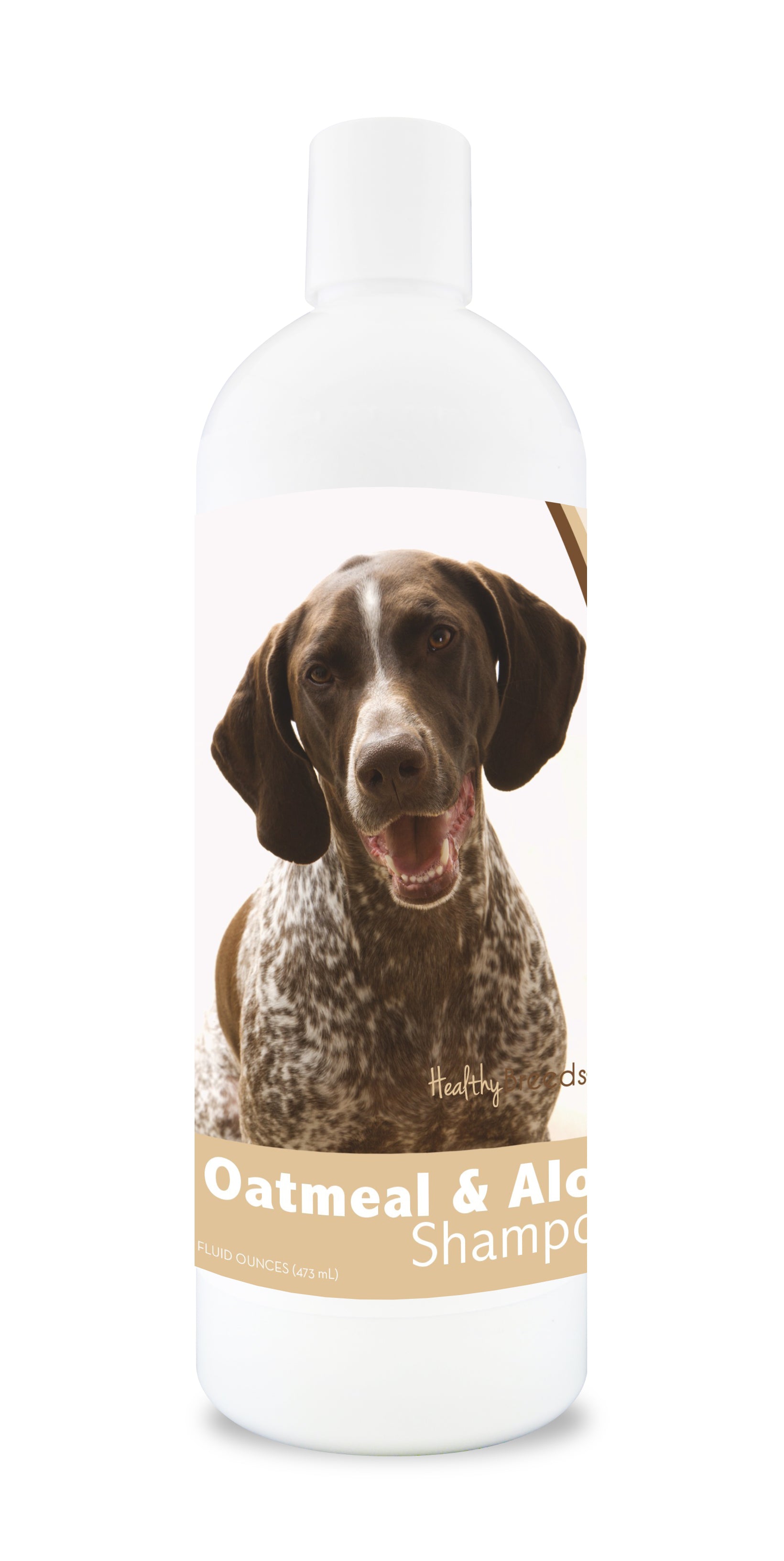 Oatmeal and aloe dog shampoo bottle with a GSP image on the label.