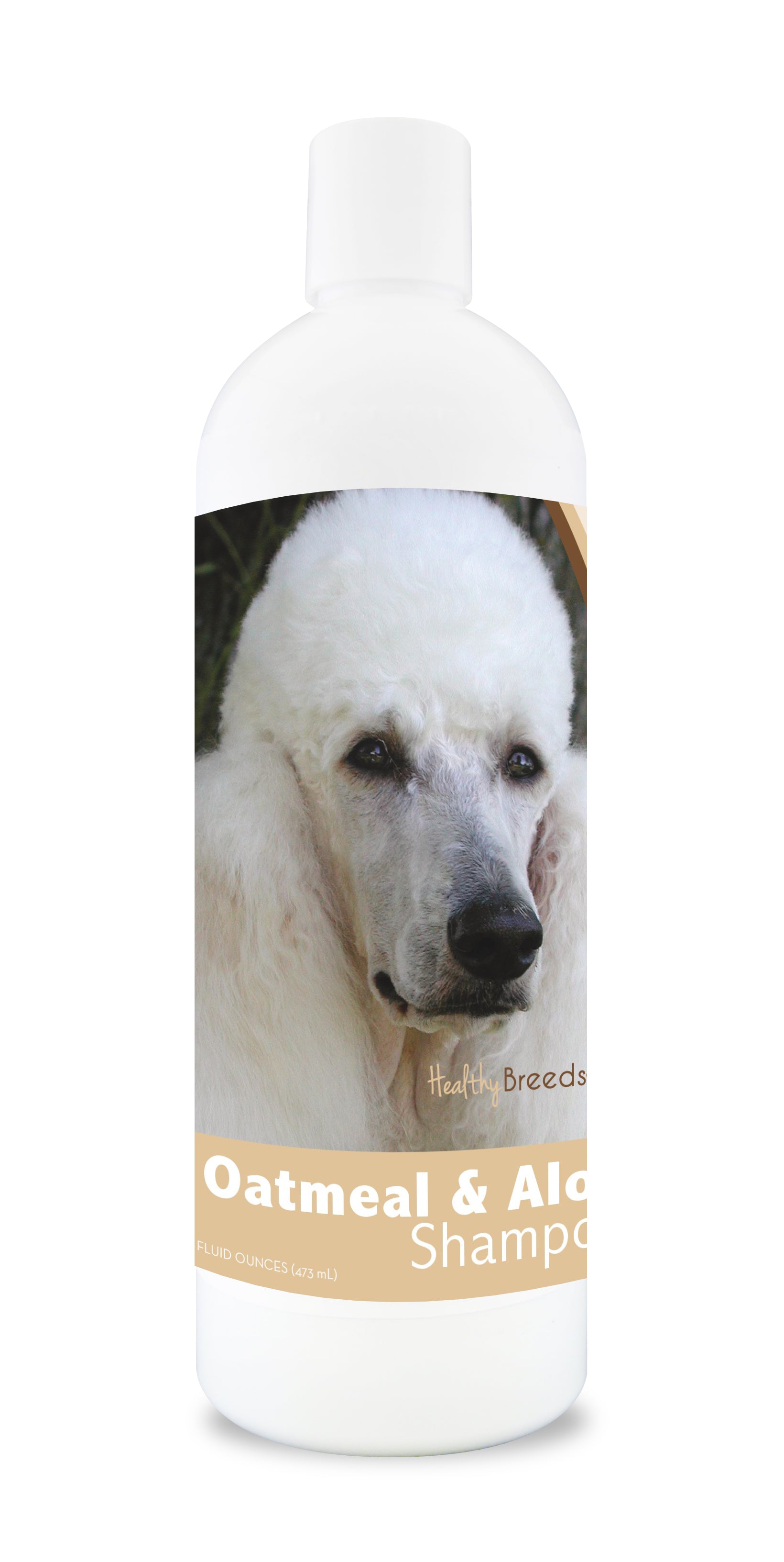 Oatmeal and aloe dog shampoo bottle with a poodle image on the label.