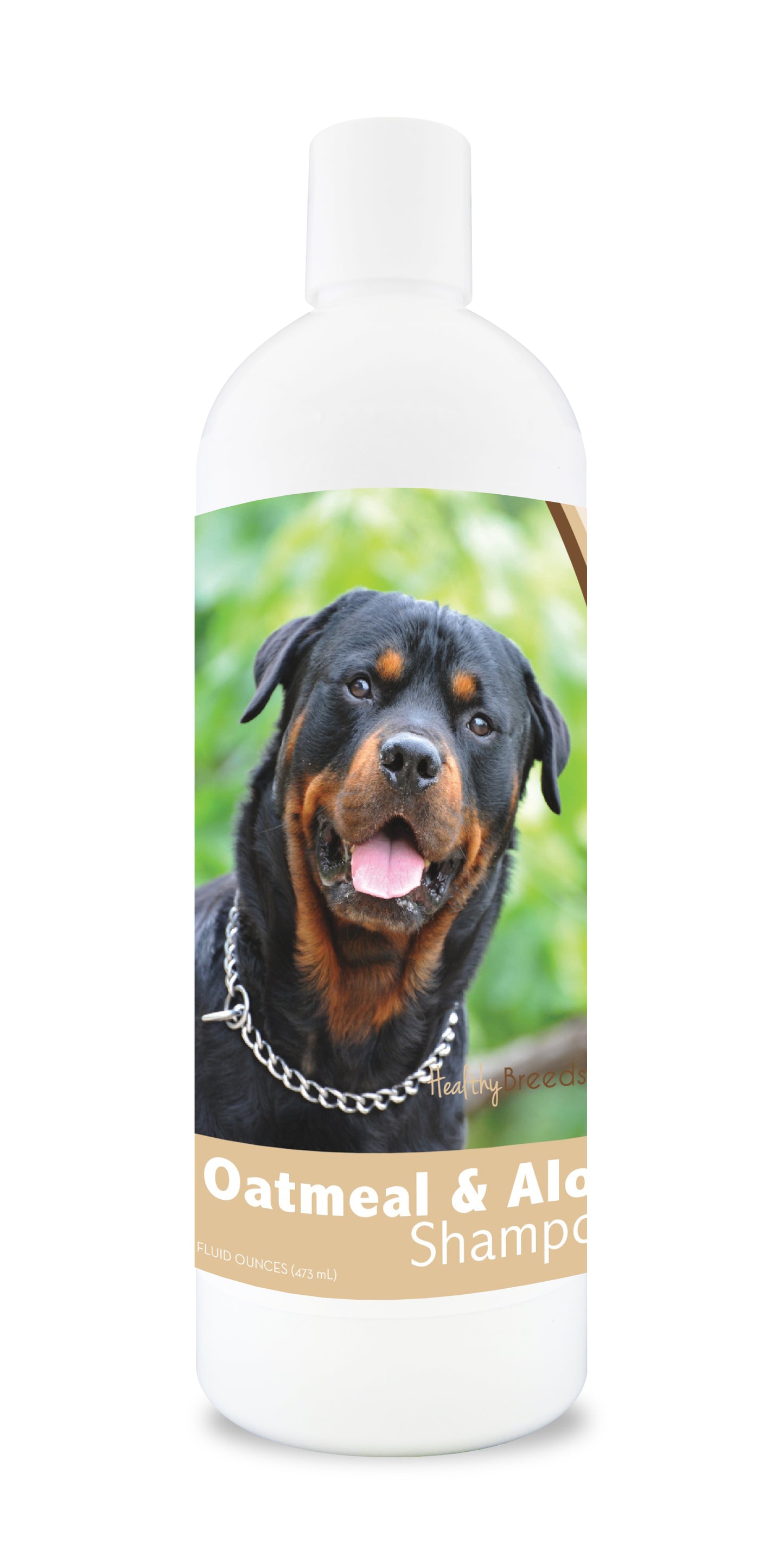Oatmeal and aloe dog shampoo bottle with a Rottweiler dog image on the label.