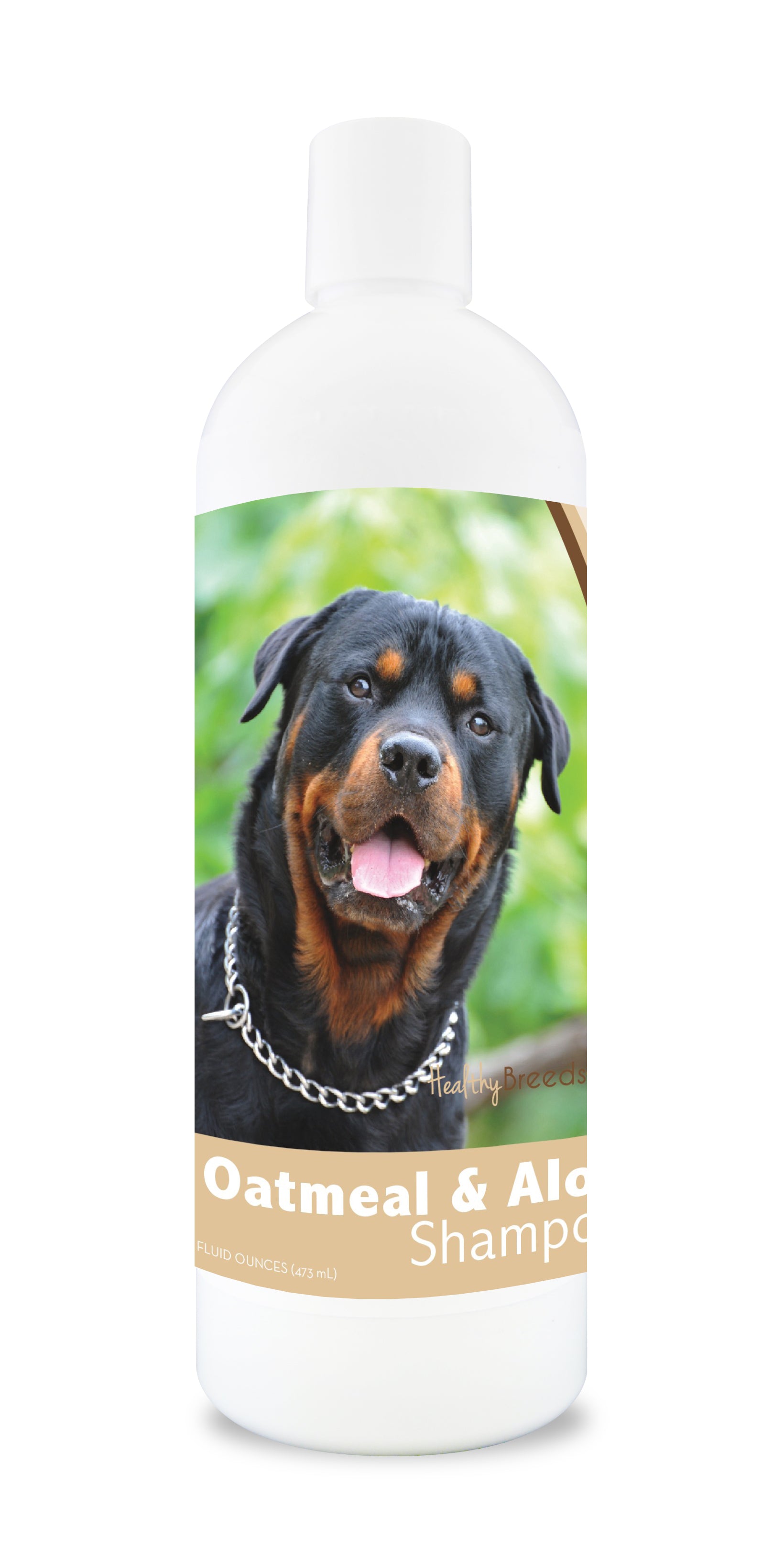 Oatmeal and aloe dog shampoo bottle with a Rottweiler dog image on the label.