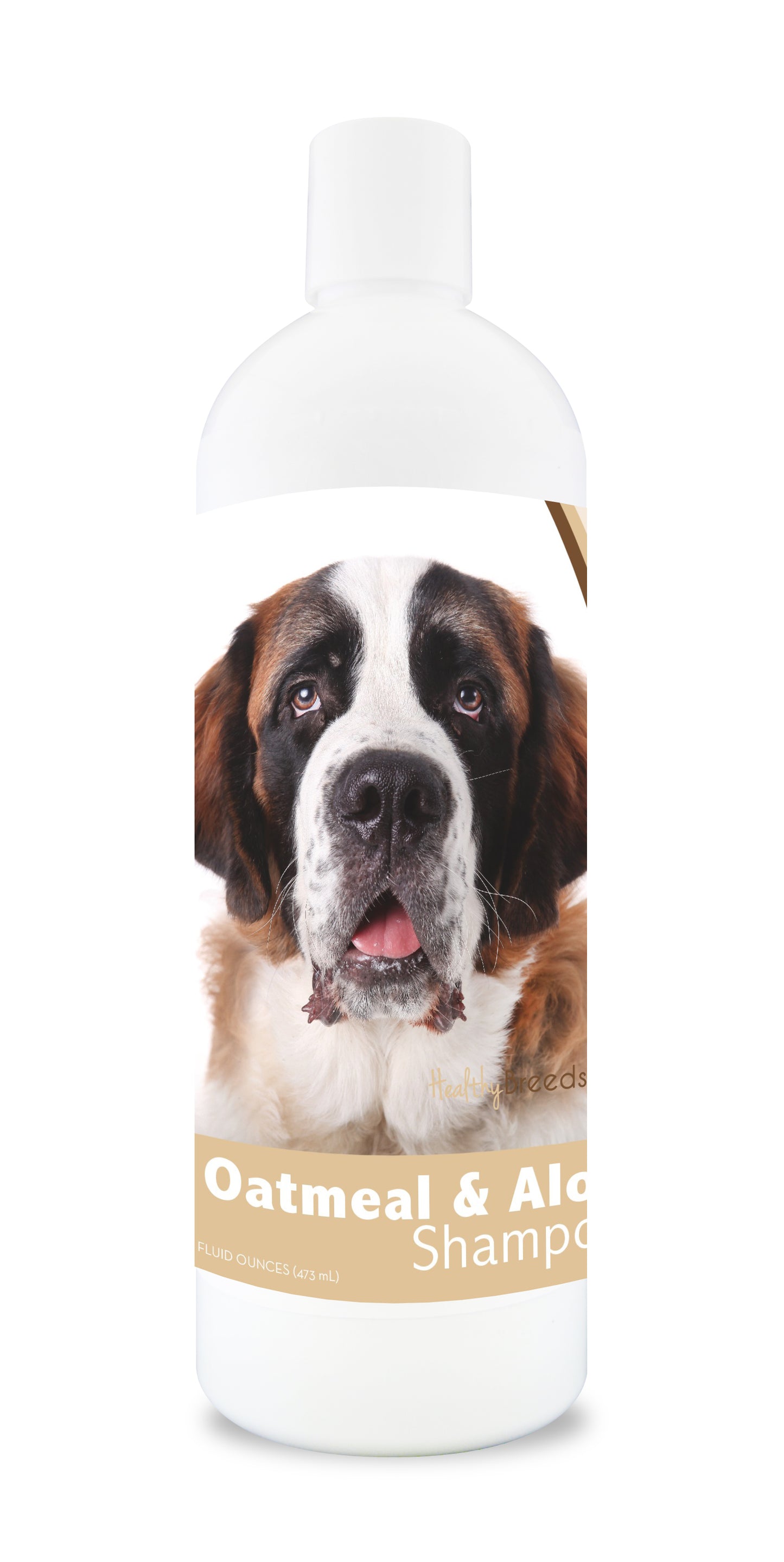 Oatmeal and aloe dog shampoo bottle with a dog image on the label.