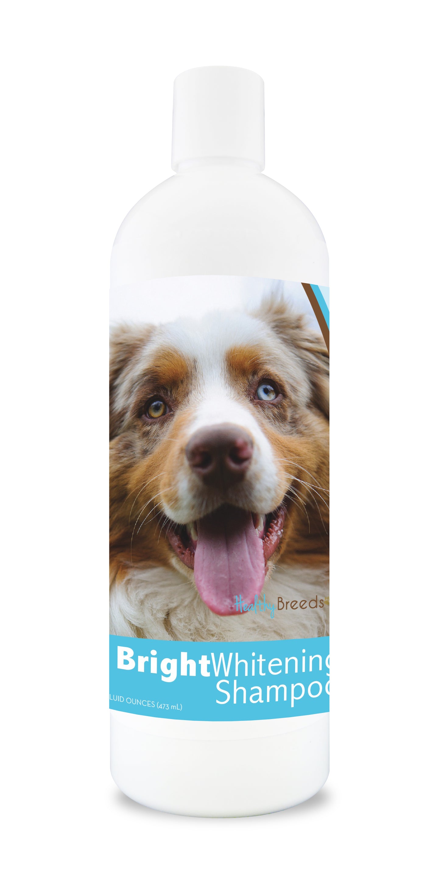 Bottle of bright whitening shampoo featuring a smiling dog's face on the label.