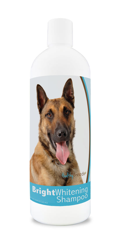 Bottle of bright whitening shampoo featuring a smiling dog's face on the label.