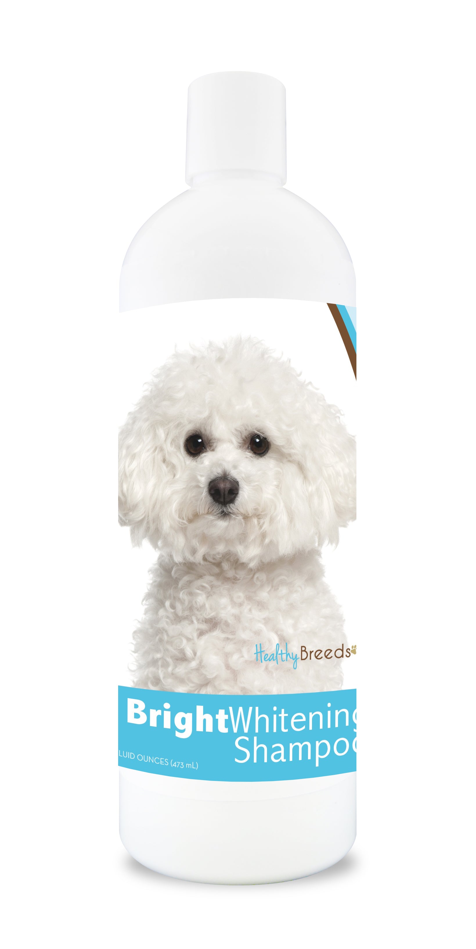 Bottle of bright whitening shampoo featuring a smiling dog on the label.