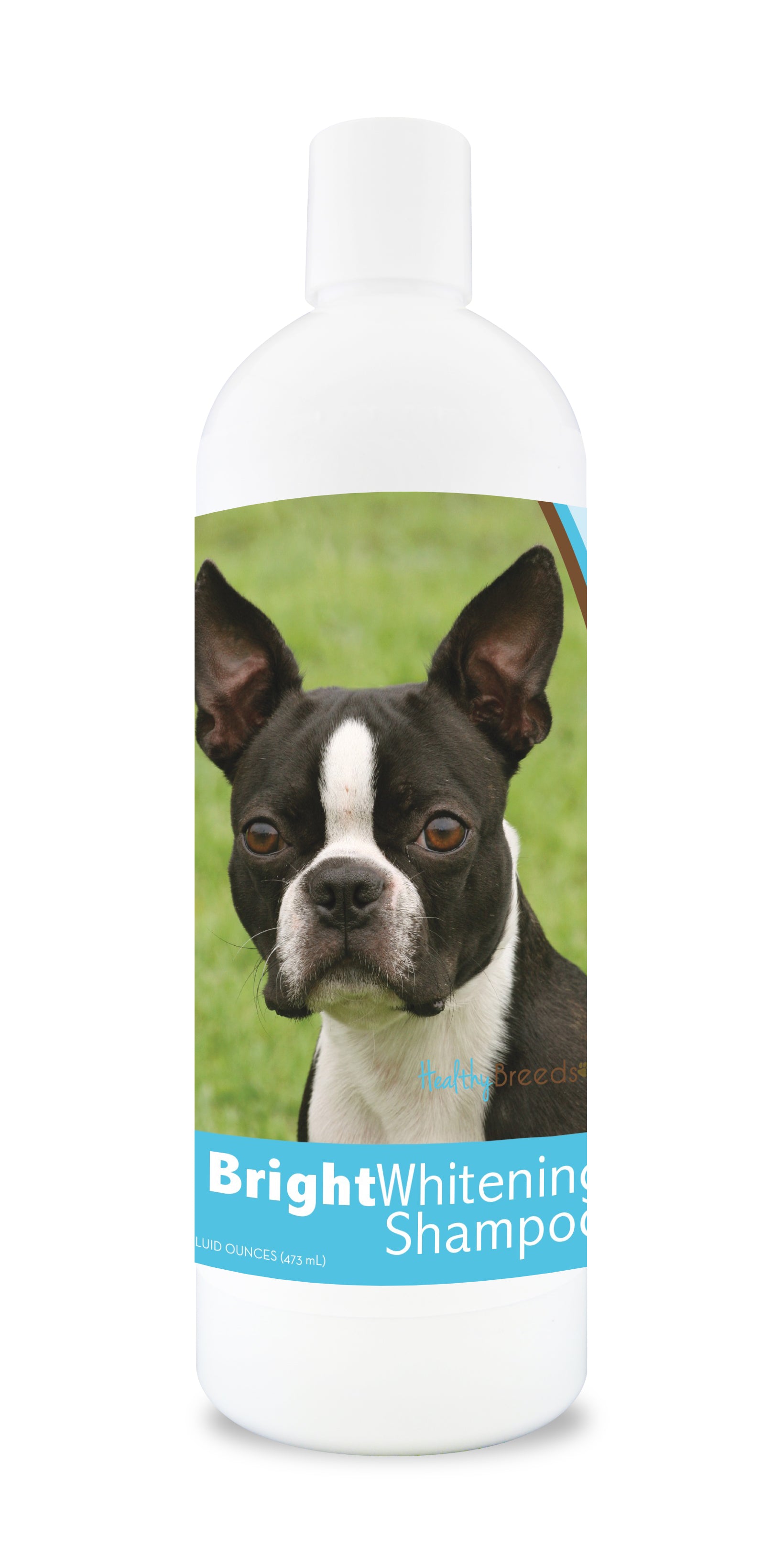 Bottle of bright whitening shampoo featuring a boston terrier dog's face on the label.