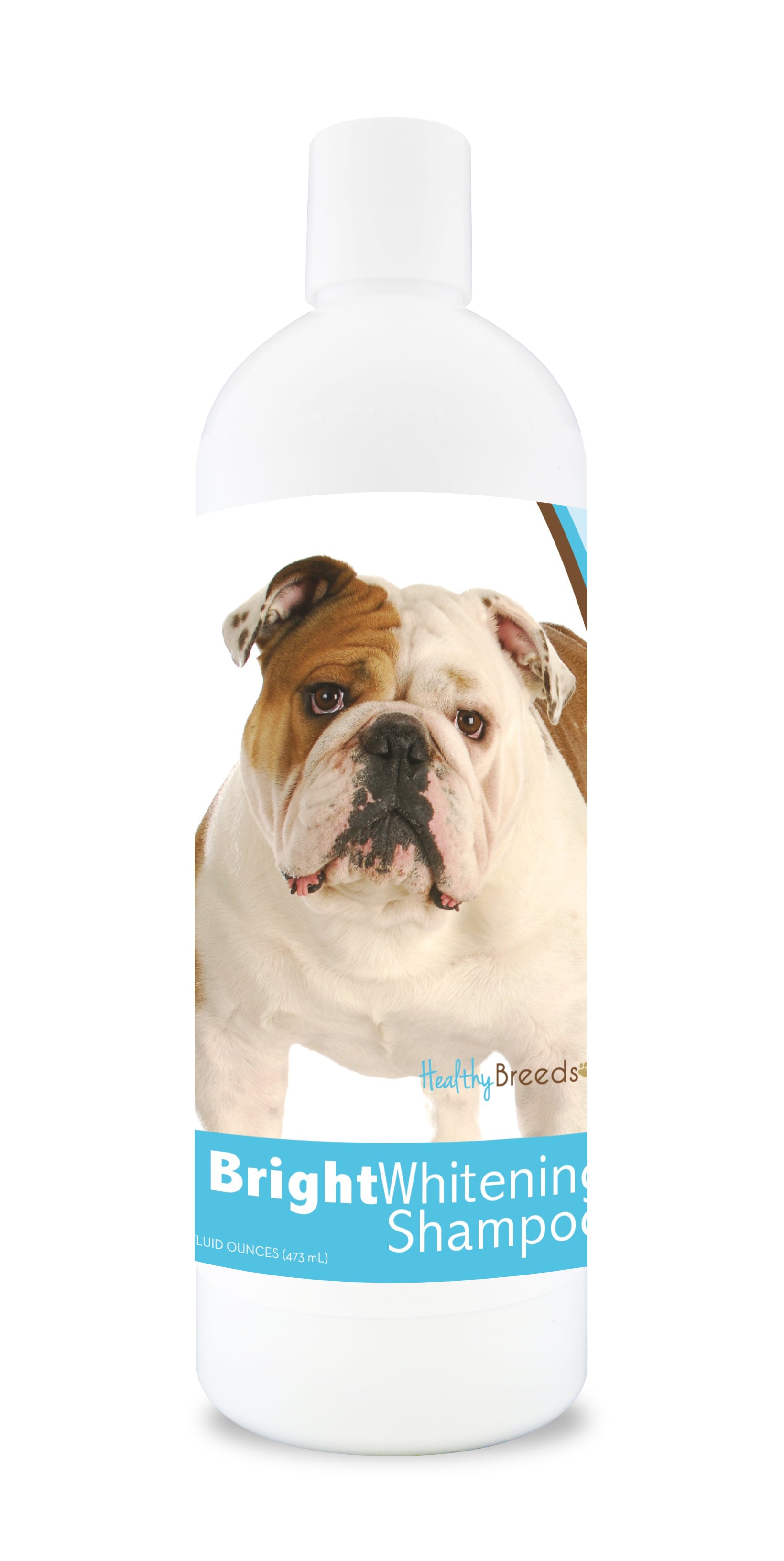 Bottle of bright whitening shampoo featuring a bulldog's face on the label.