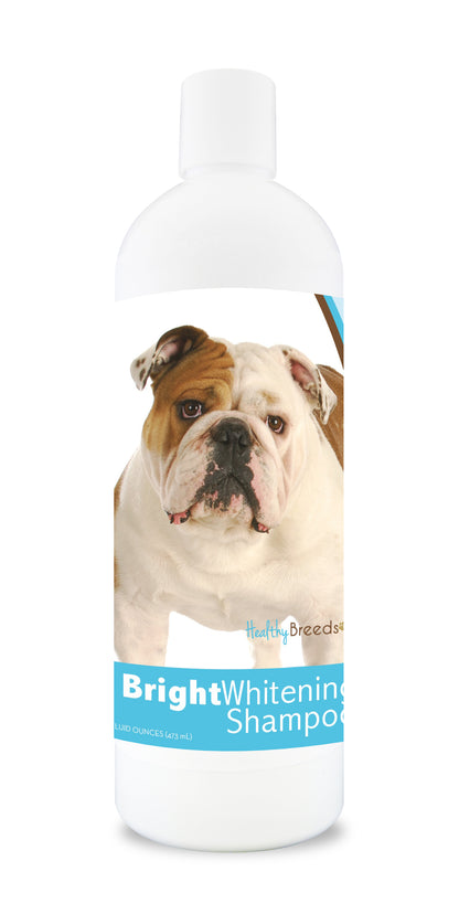 Bottle of bright whitening shampoo featuring a bulldog's face on the label.