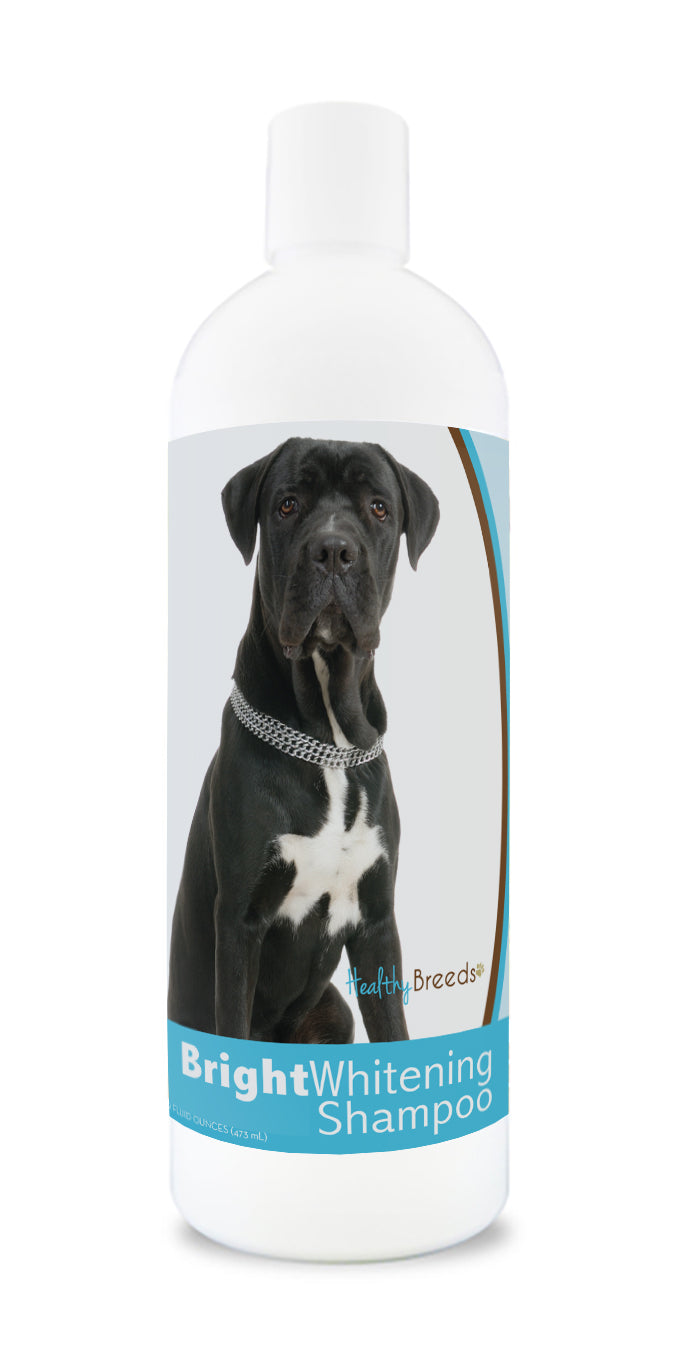 Bottle of bright whitening shampoo featuring a smiling dog's face on the label.
