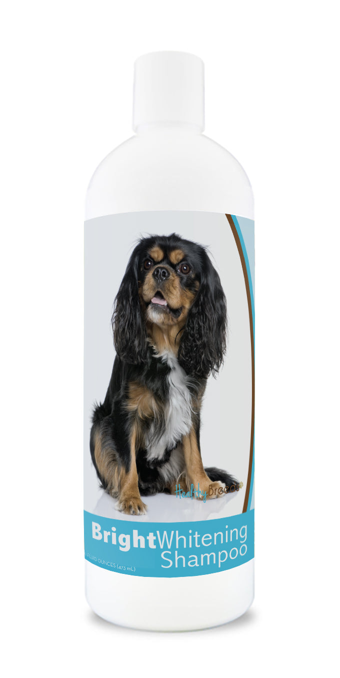 Bottle of bright whitening shampoo featuring a smiling dog's face on the label.