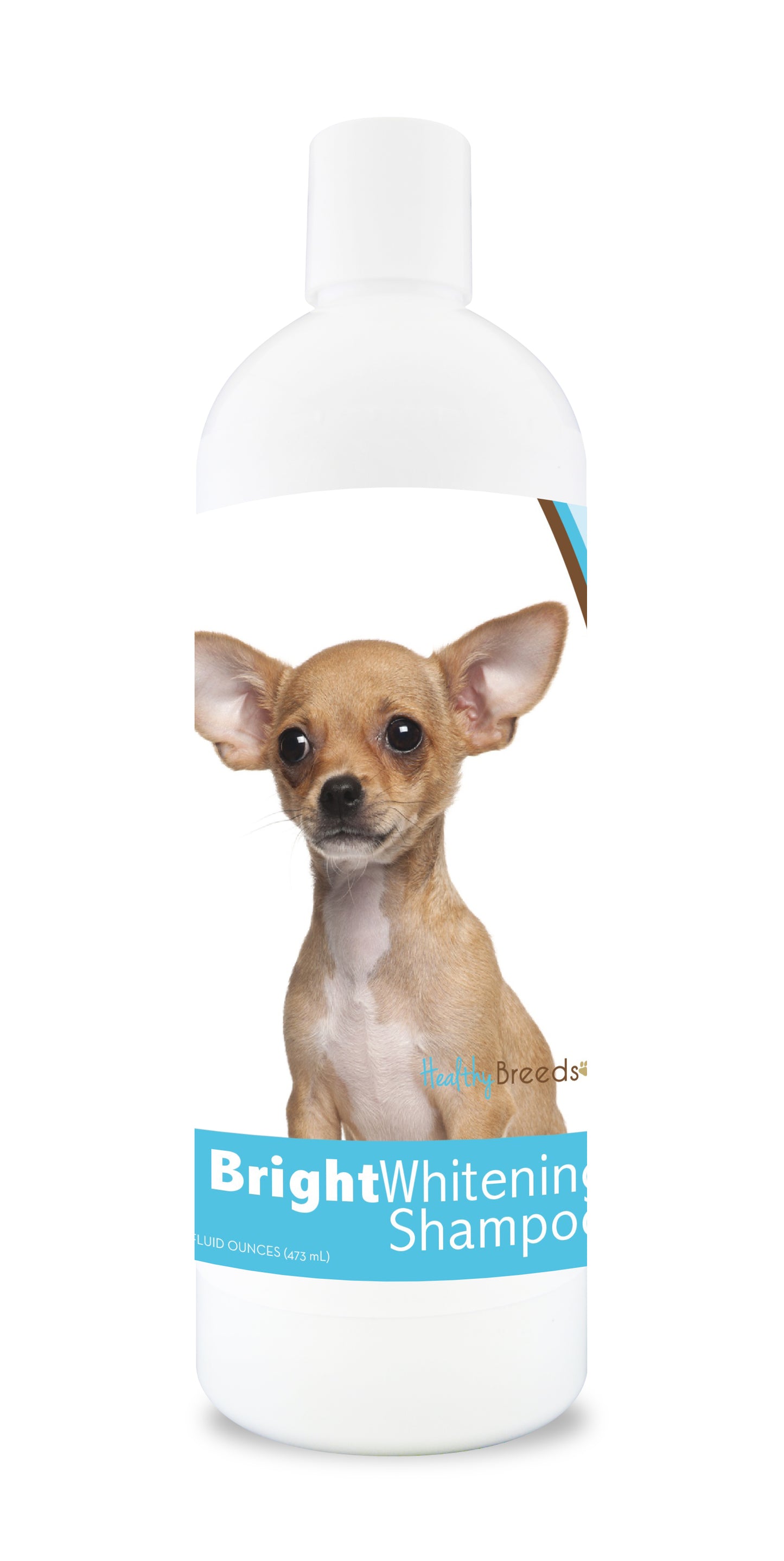 Bottle of bright whitening shampoo featuring a chihuahua dog's face on the label.