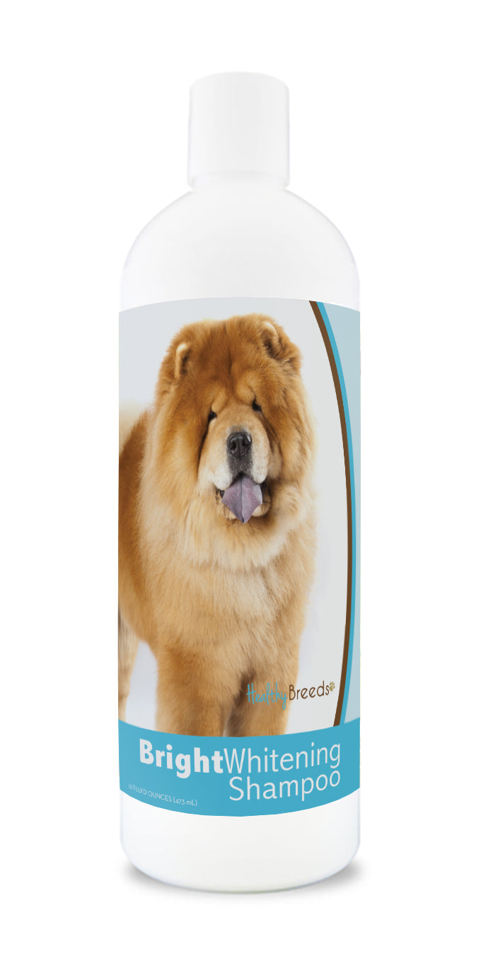 Bottle of bright whitening shampoo featuring a chow chow's face on the label.