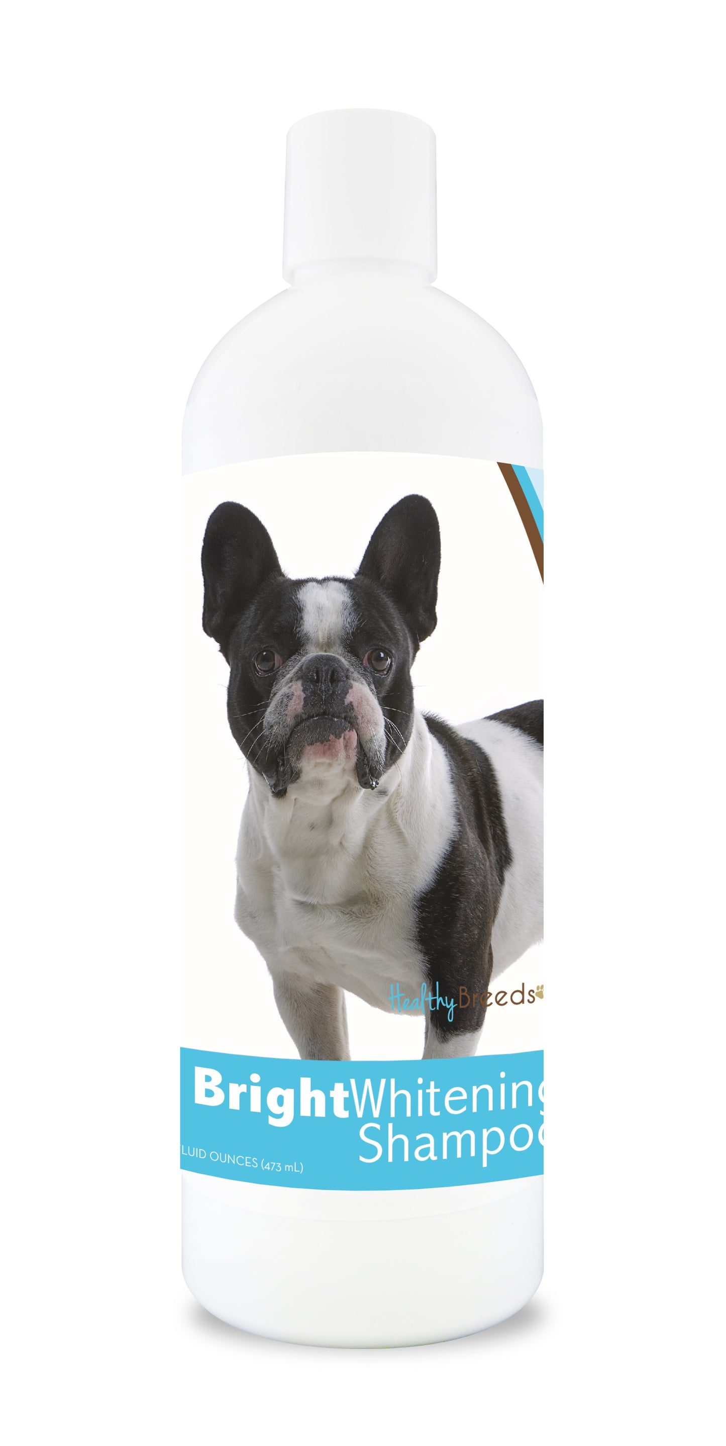 Bottle of bright whitening shampoo featuring a french bulldog's face on the label.