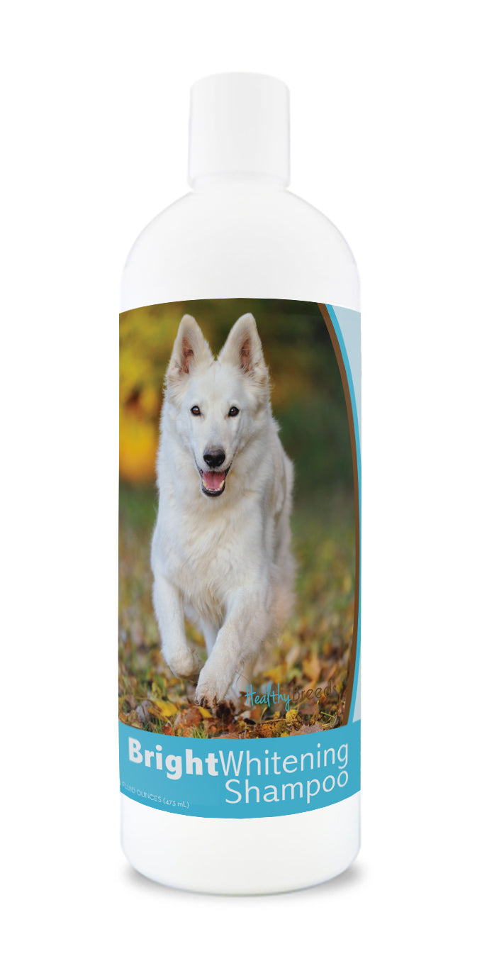 Bottle of bright whitening shampoo featuring a smiling dog's face on the label.